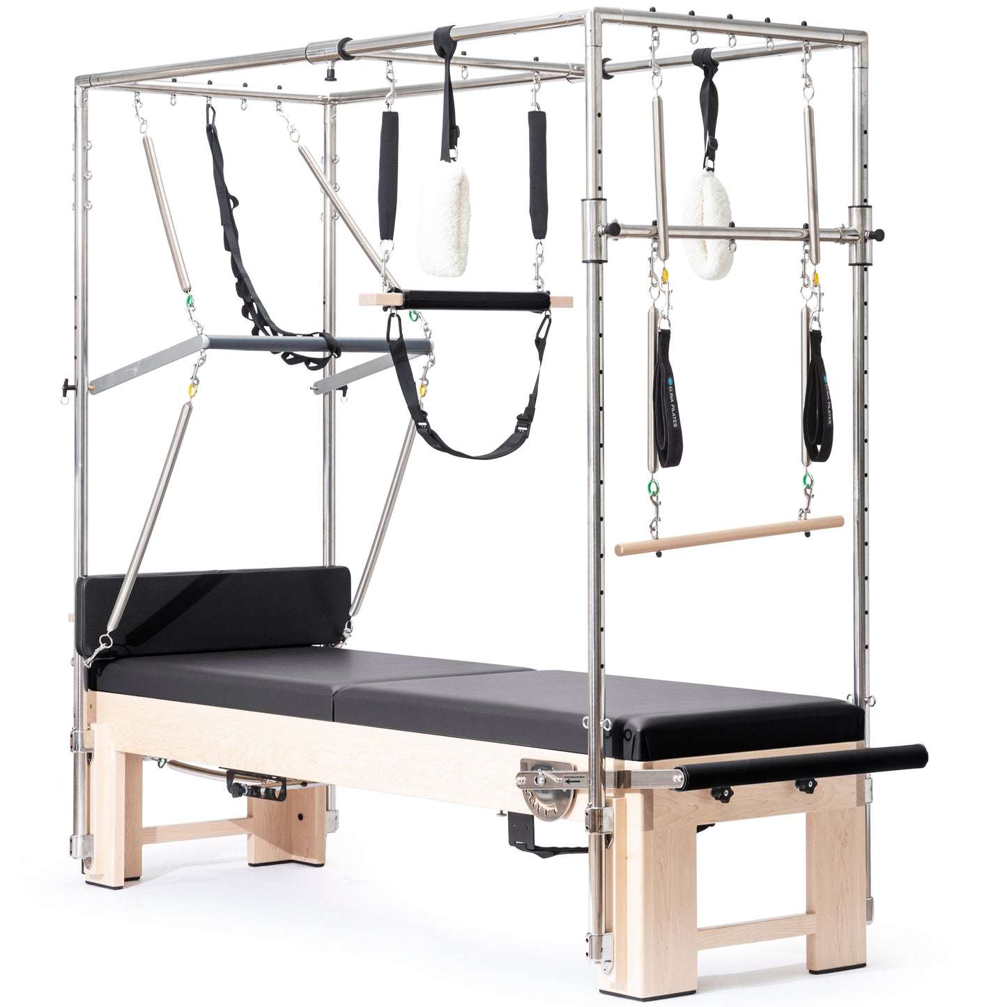 Stainless steel trapeze tower with padded trapeze bar and pulleys on the Elina Pilates Cadillac Reformer