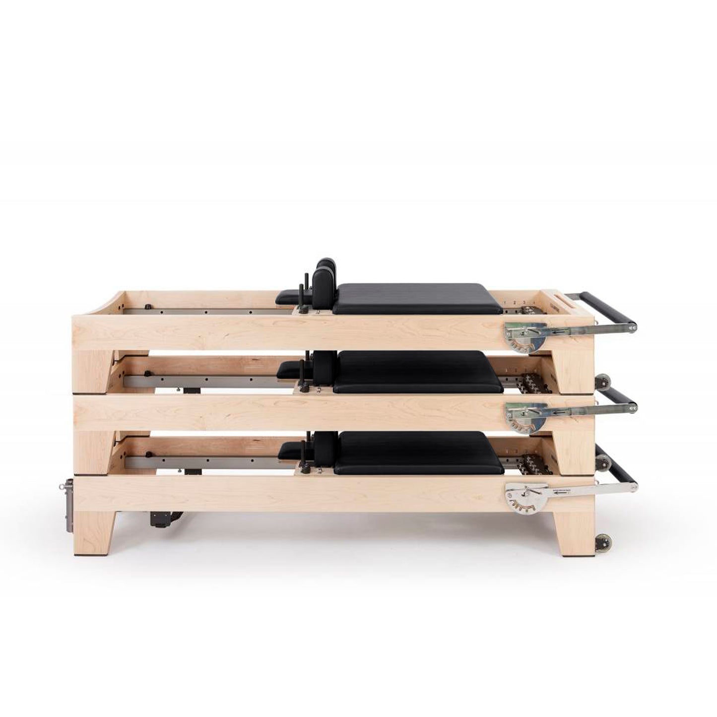 Demonstration of Elite Wood Reformer with Tower in stackable, wheeled configuration for compact storage