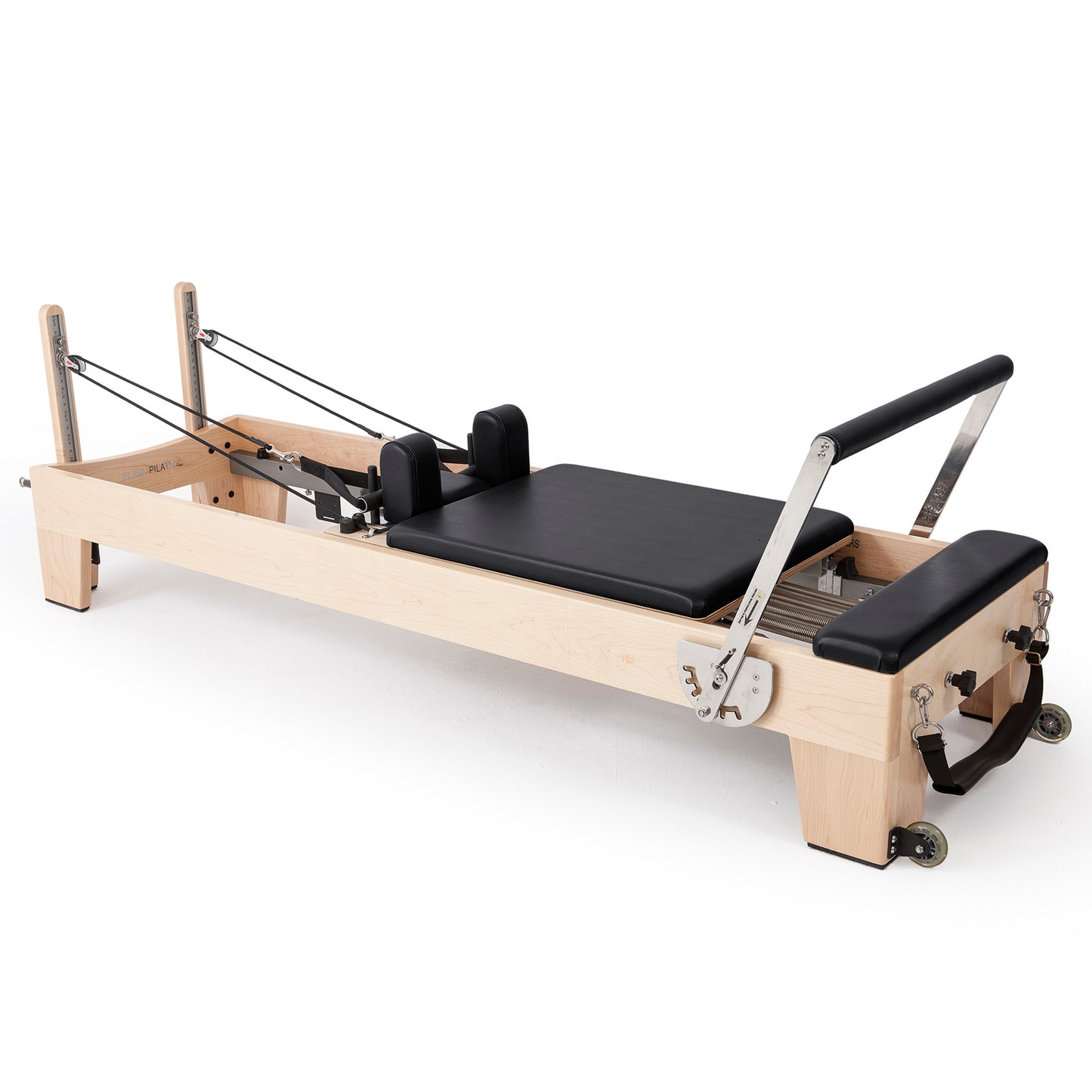 Full profile of Elina Pilates Elite Wood Reformer with black upholstery in studio setting