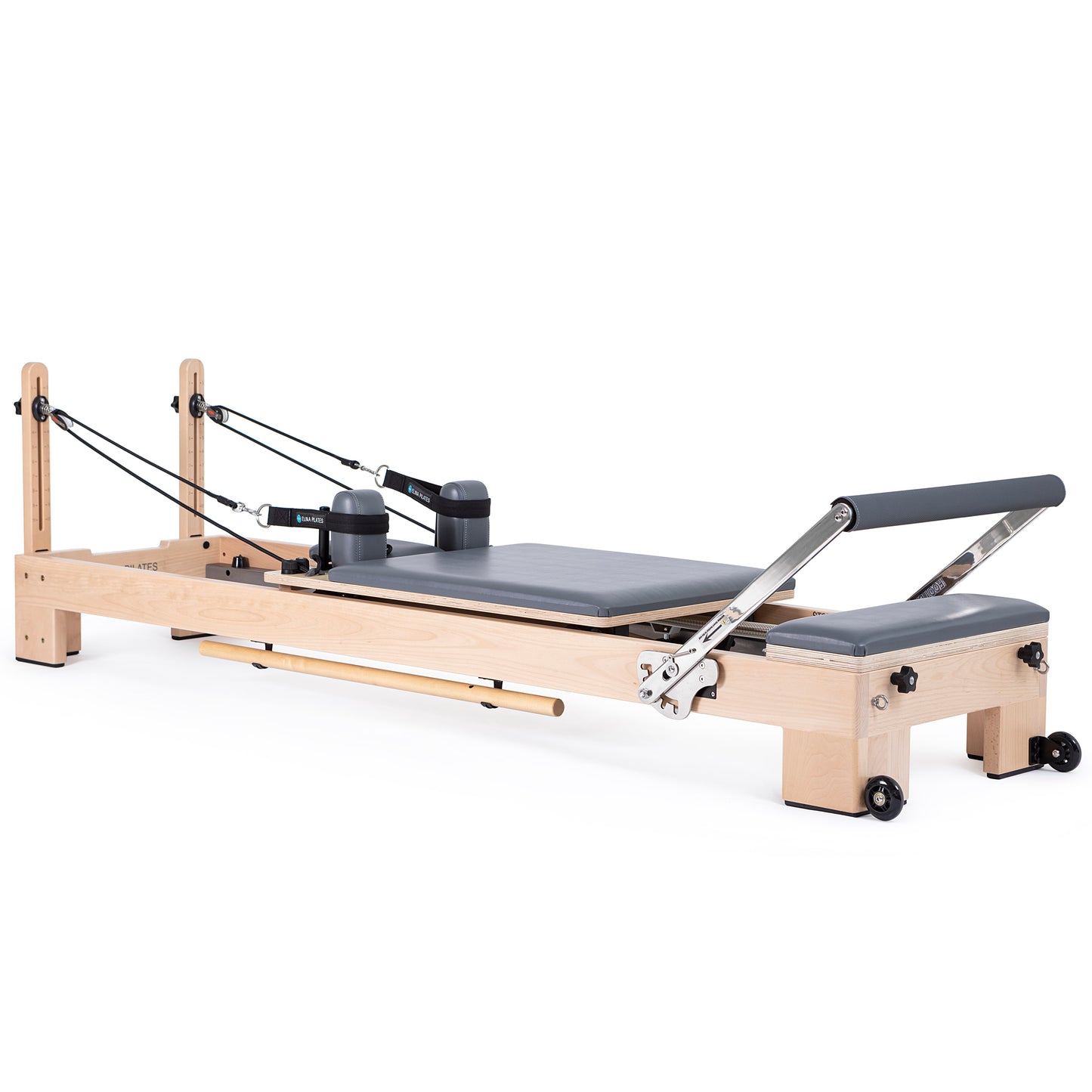 Full view of the Elina Pilates Wooden Reformer Lignum™ Bundle with beechwood frame and accessories