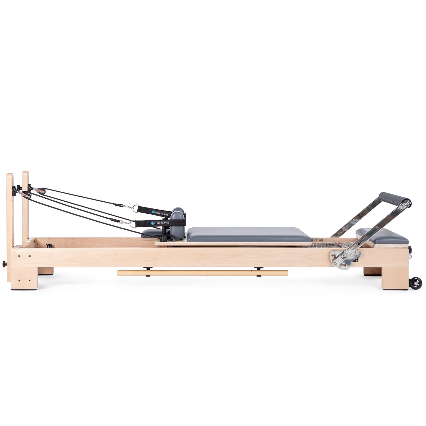 Side view of the Elina Pilates Wooden Reformer Lignum™ Bundle with beechwood frame and accessories