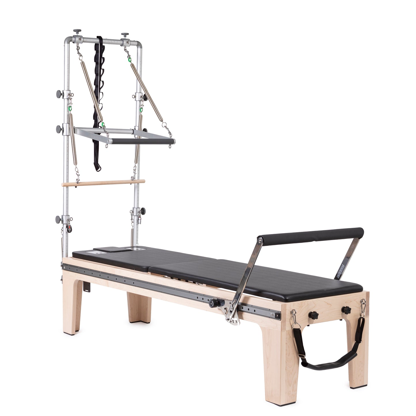 Full view of the Elina Pilates Master Instructor Fisio Reformer with Mini‑Tower in black upholstery