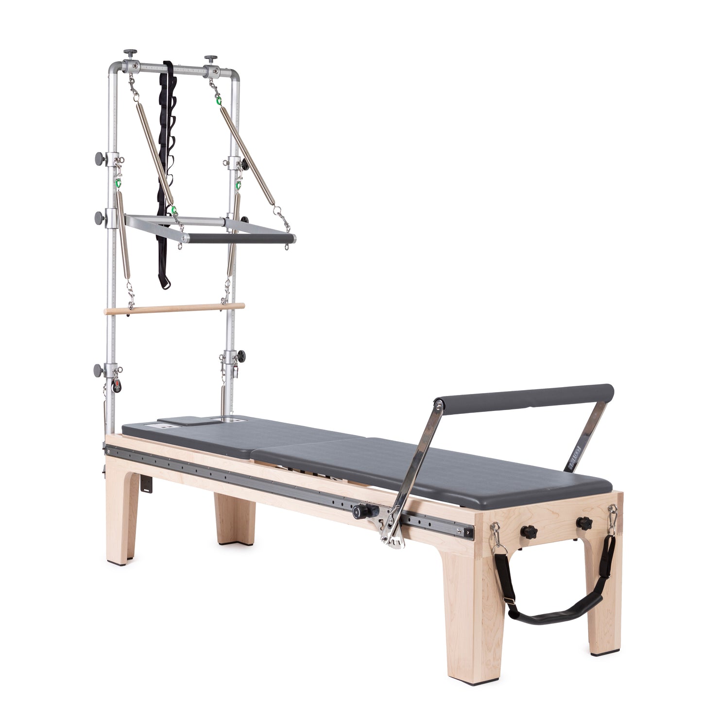 Full view of the Elina Pilates Master Instructor Fisio Reformer with Mini‑Tower in grey upholstery