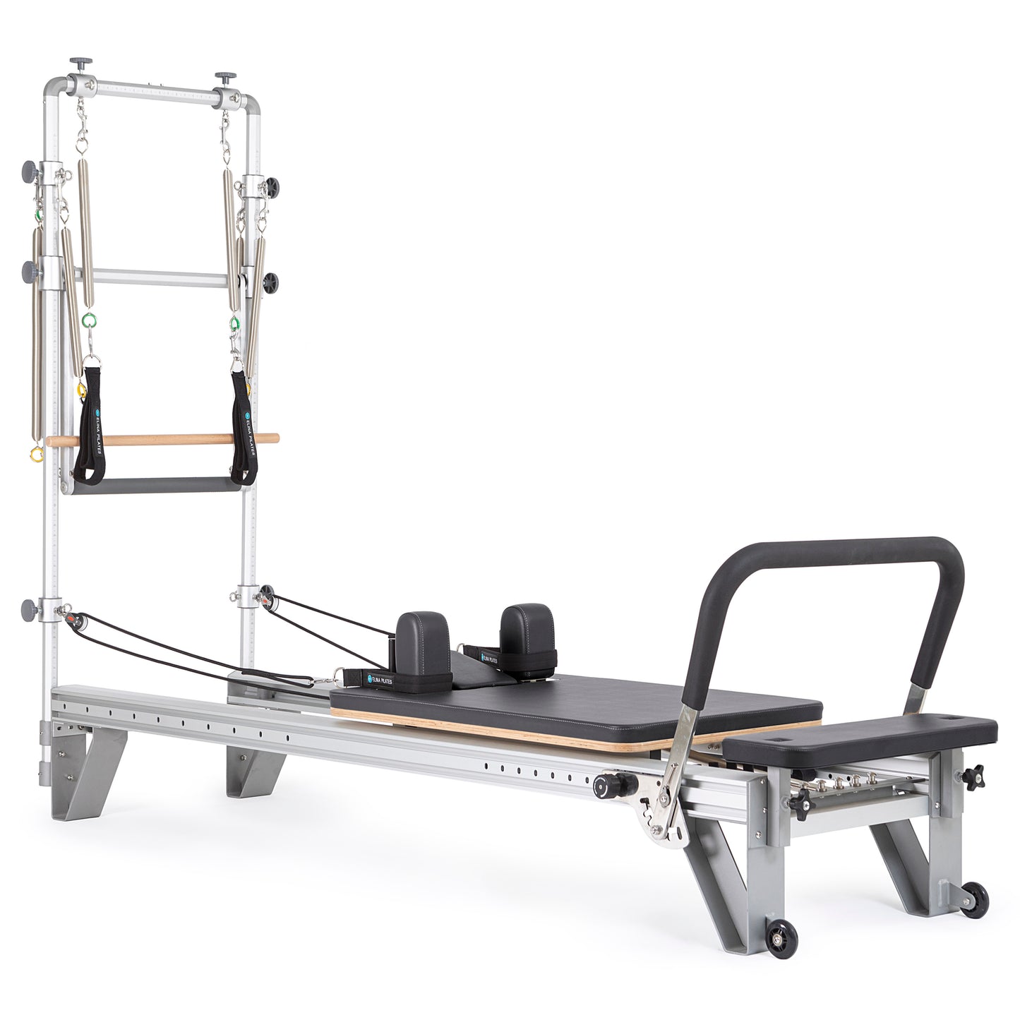 Full view of the Elina Pilates Mentor Reformer with Full Tower in black upholstery