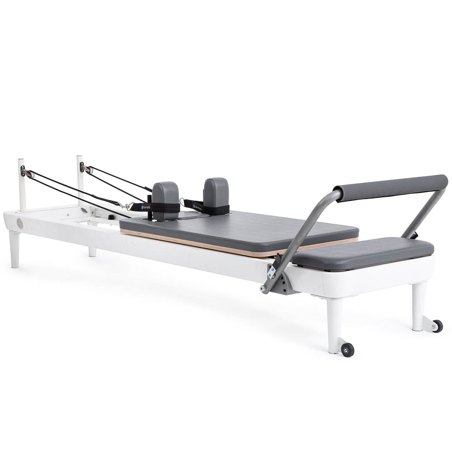 Full view of the Elina Pilates Nubium Reformer showcasing the sleek aluminum frame and grey upholstery