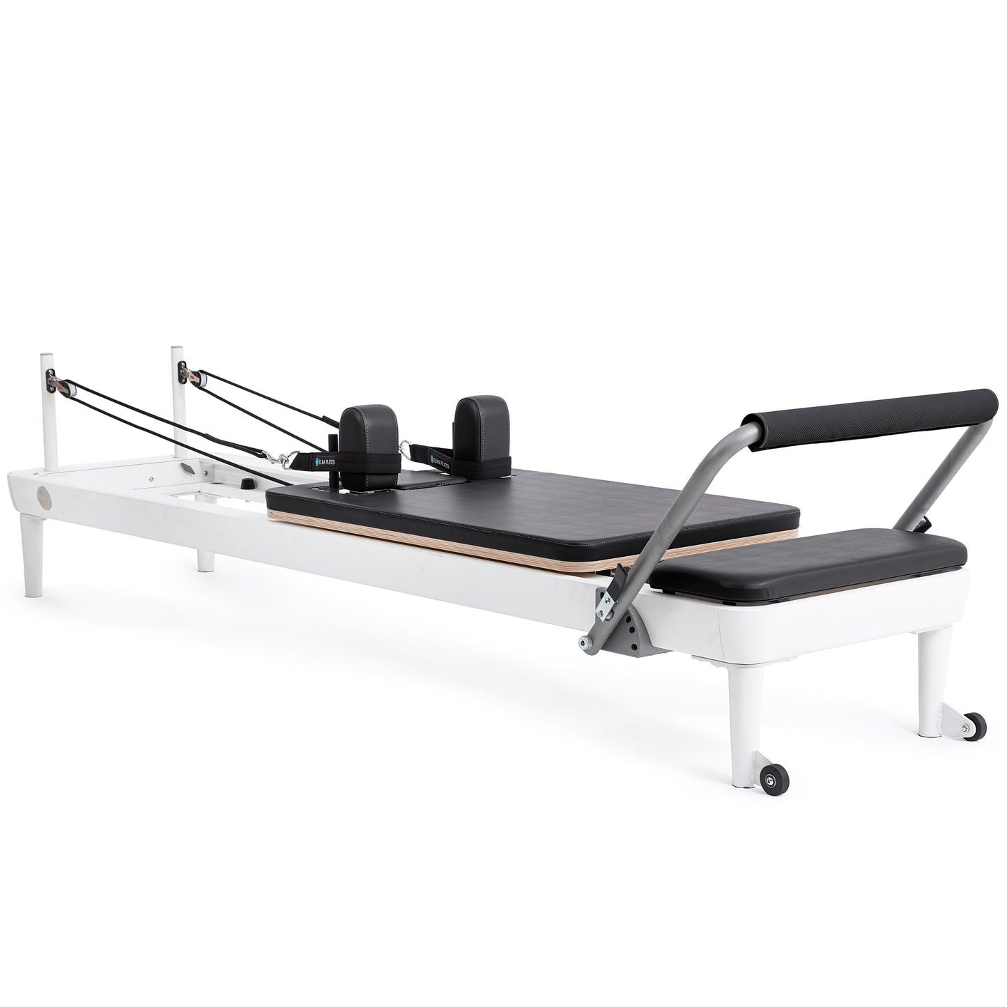 Full view of the Elina Pilates Nubium Reformer showcasing the sleek aluminum frame and black upholstery
