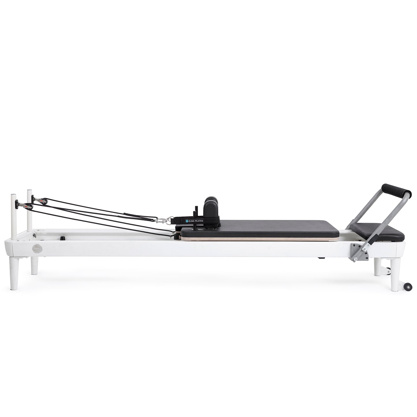 Side profile view of the Elina Pilates Nubium Reformer showcasing the sleek aluminum frame and black upholstery