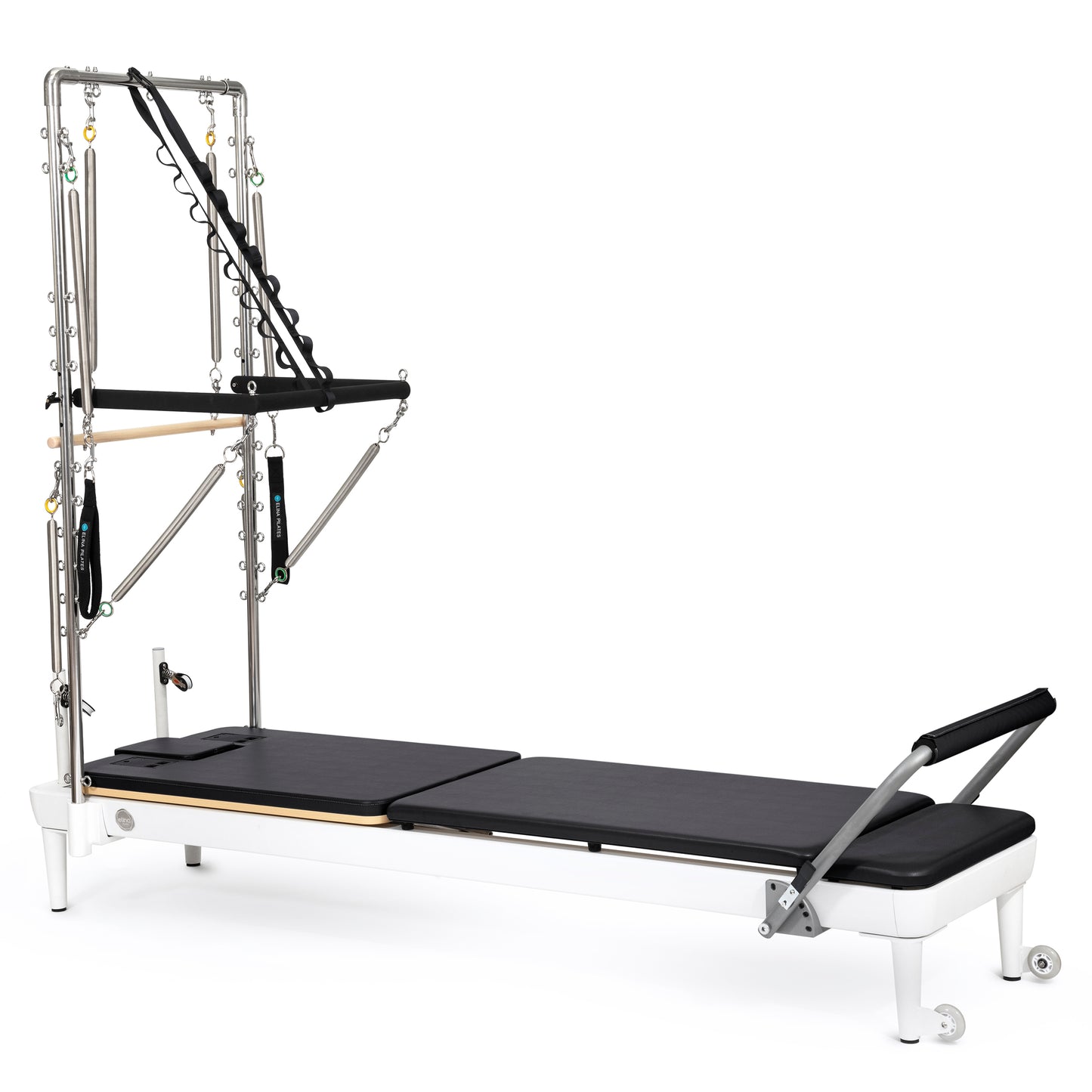 Elina Pilates Nubium™ Reformer with Tower Bundle in Black — full front view showing sleek black aluminum frame and vertical storage design