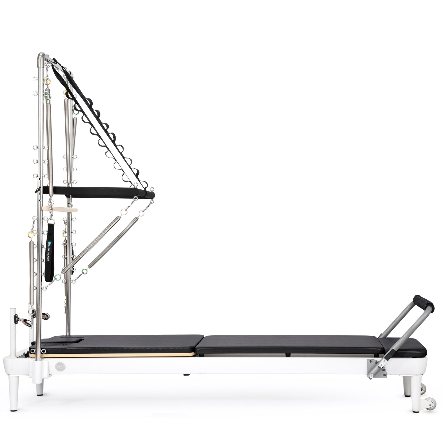 Elina Pilates Nubium™ Reformer with Tower Bundle in Black — side view showing sleek black aluminum frame and vertical storage design