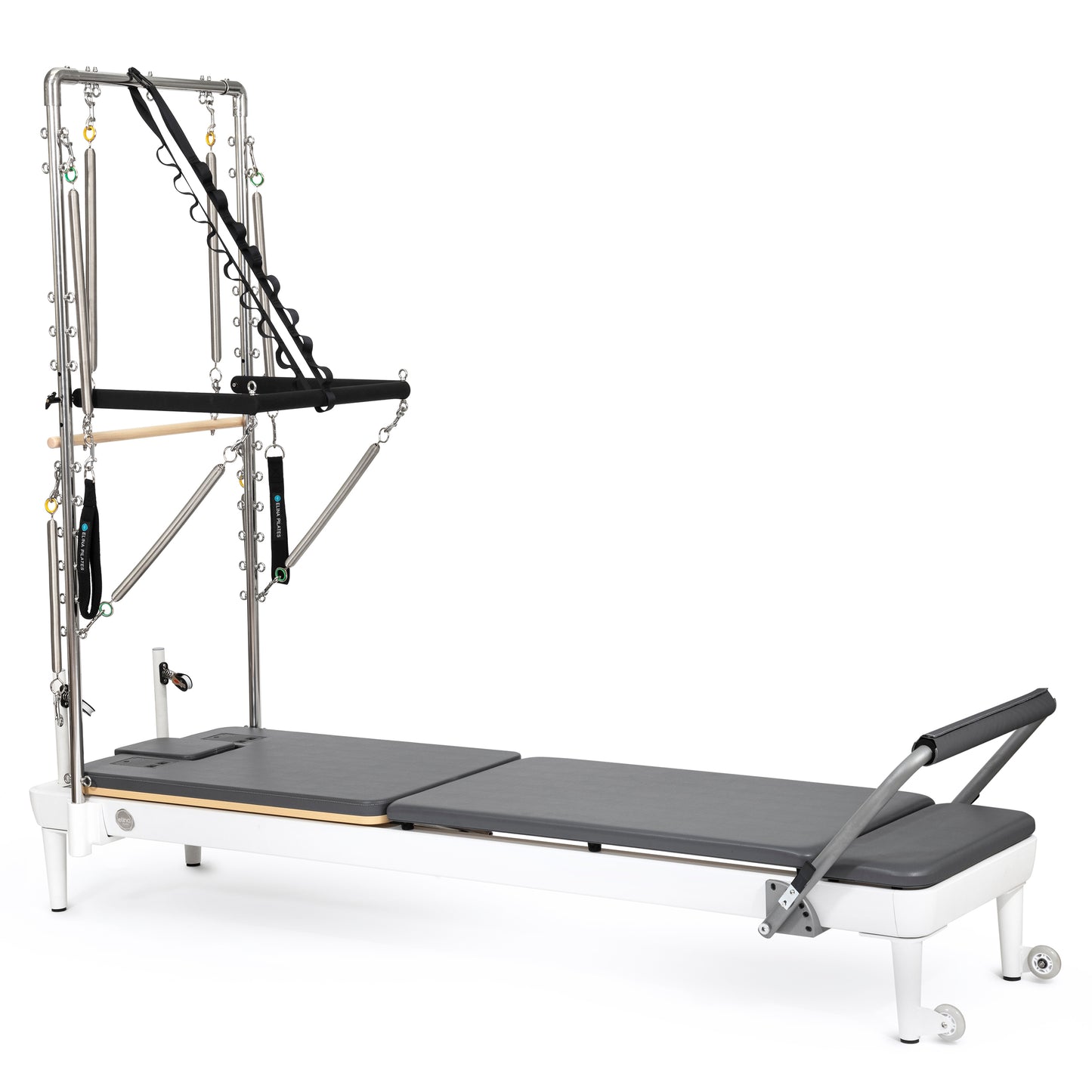 Elina Pilates Nubium™ Reformer with Tower Bundle in Grey — full front view showing sleek black aluminum frame and vertical storage design
