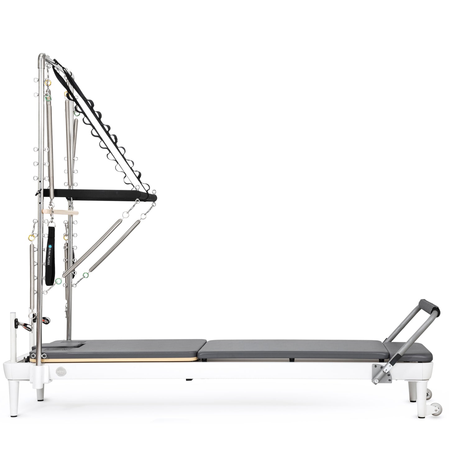Elina Pilates Nubium™ Reformer with Tower Bundle in Grey — full side view showing sleek black aluminum frame and vertical storage design