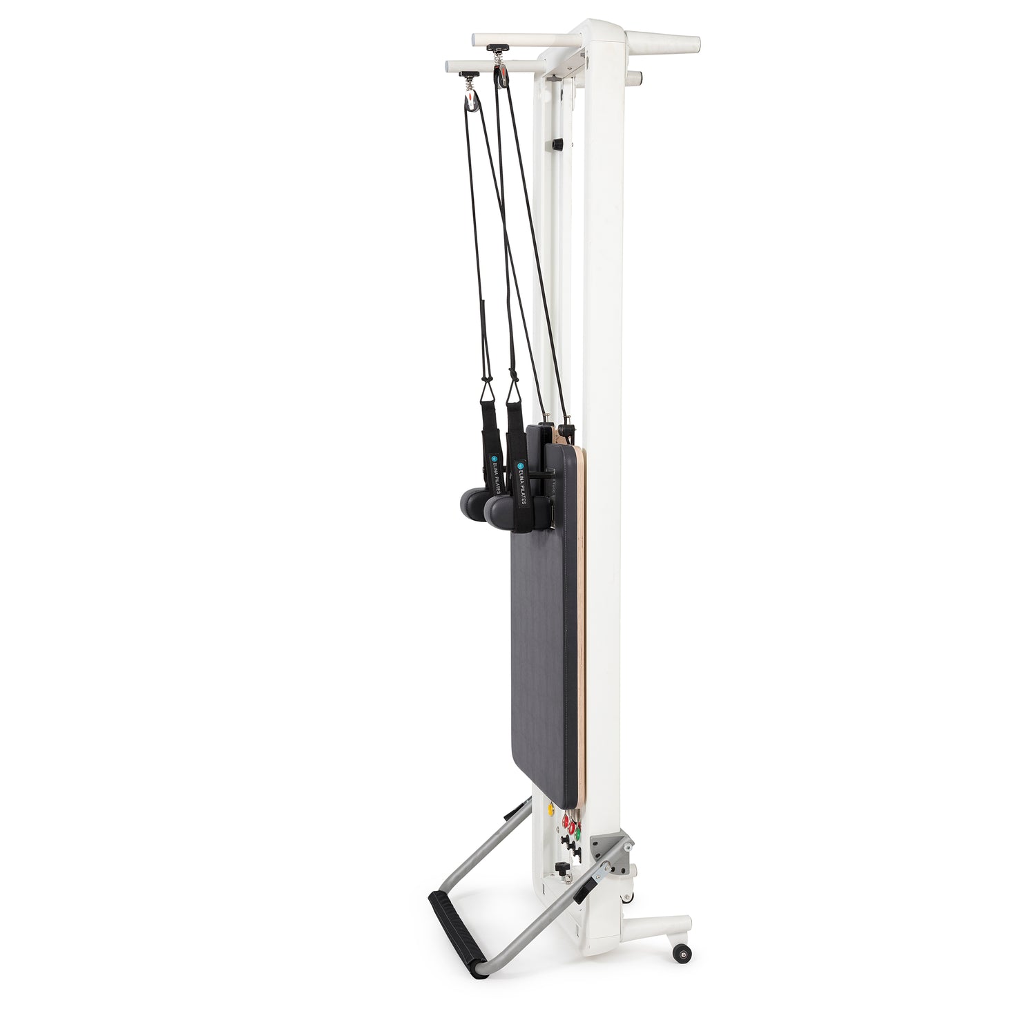 Elina Pilates Nubium Reformer shown stored vertically to save space in a modern Pilates studio