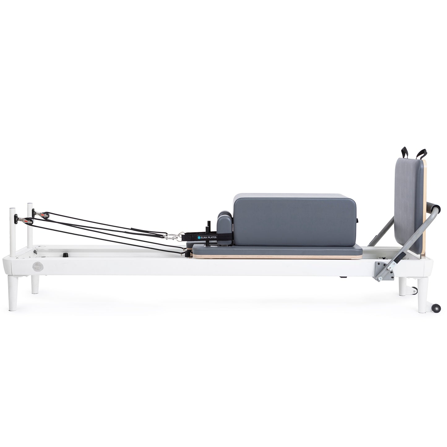 Extra-wide padded box attachment on the Elina Pilates Nubium Reformer for core and flexibility exercises