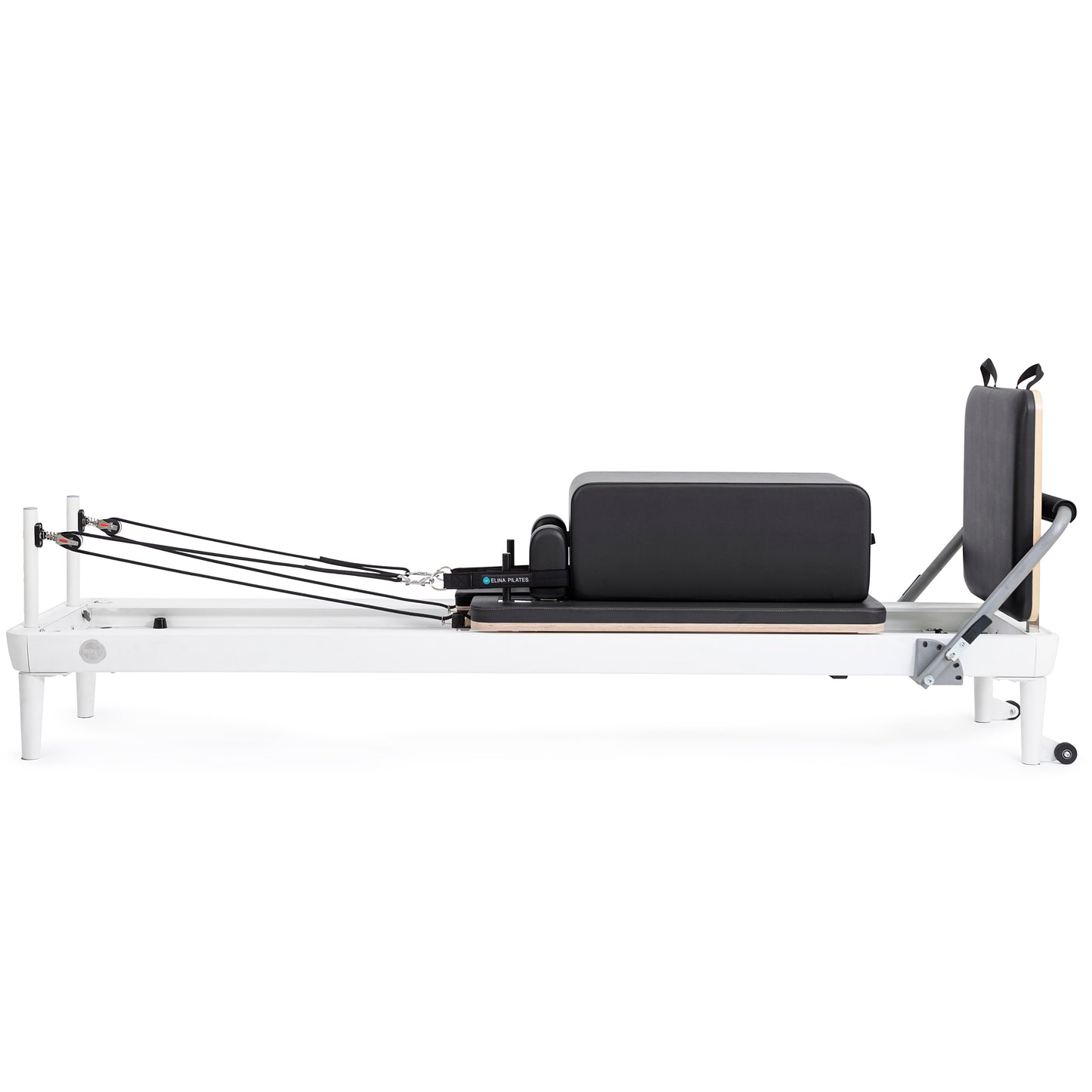 Extra-wide padded box attachment on the Elina Pilates Nubium Reformer for core and flexibility exercises