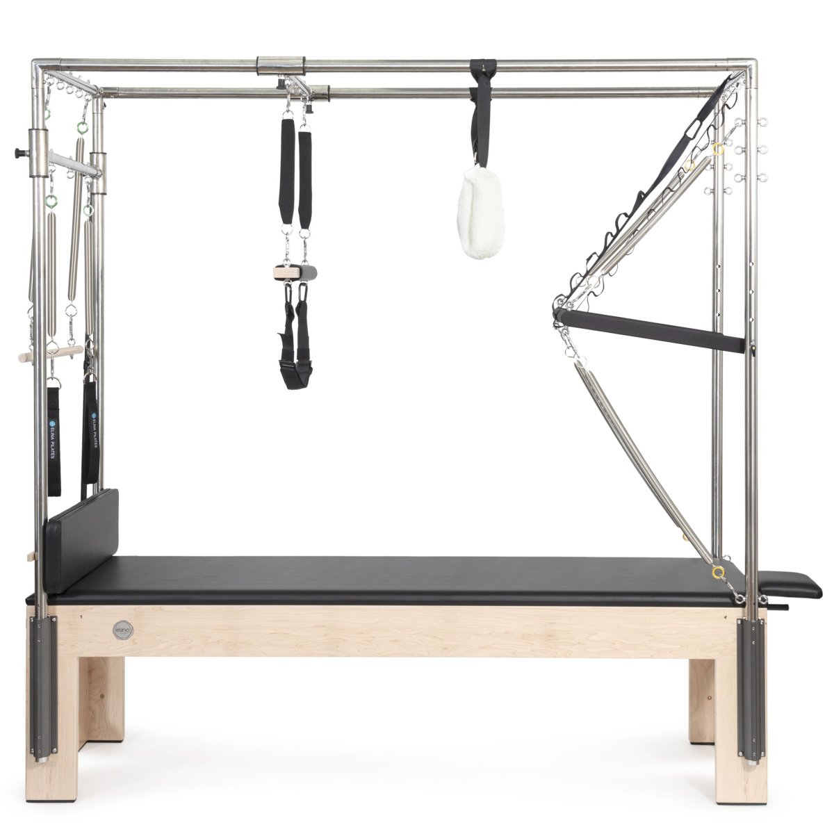 Side view of Elina Pilates Cadillac Trapeze Table with black leather upholstery and maple wood frame