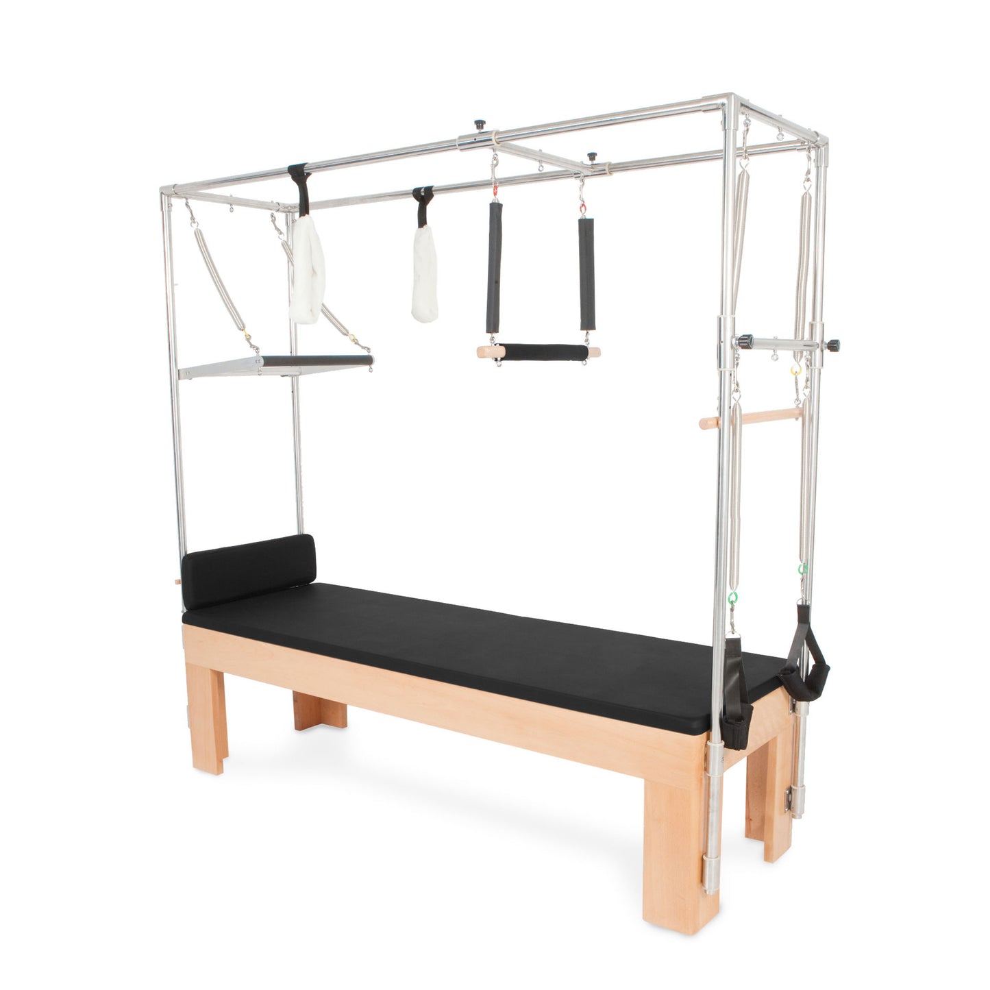 Front view of Elina Pilates Cadillac Trapeze Table with black leather upholstery and maple wood frame