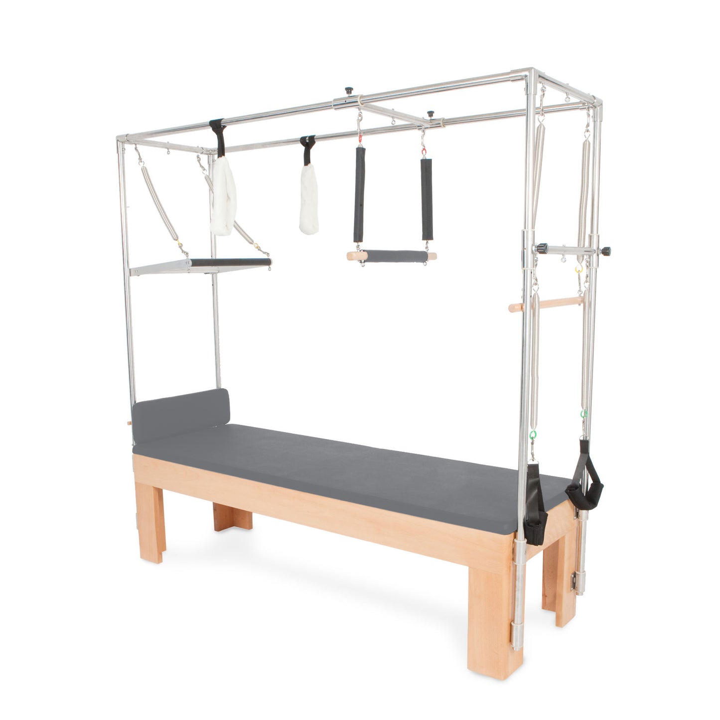 Side view of Elina Pilates Cadillac Trapeze Table with grey leather upholstery and maple wood frame