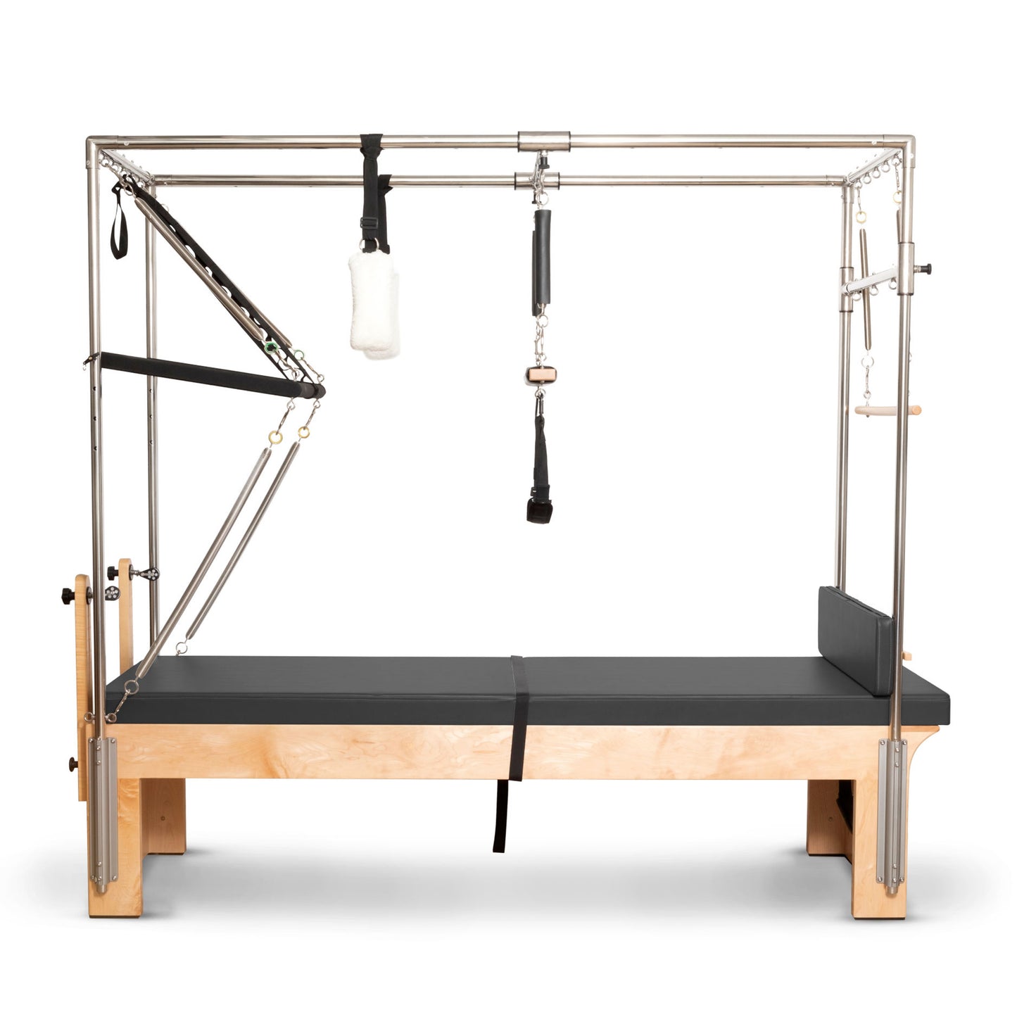 Full view of the Elina Pilates Cadillac Reformer showing complete frame, trapeze, and tower