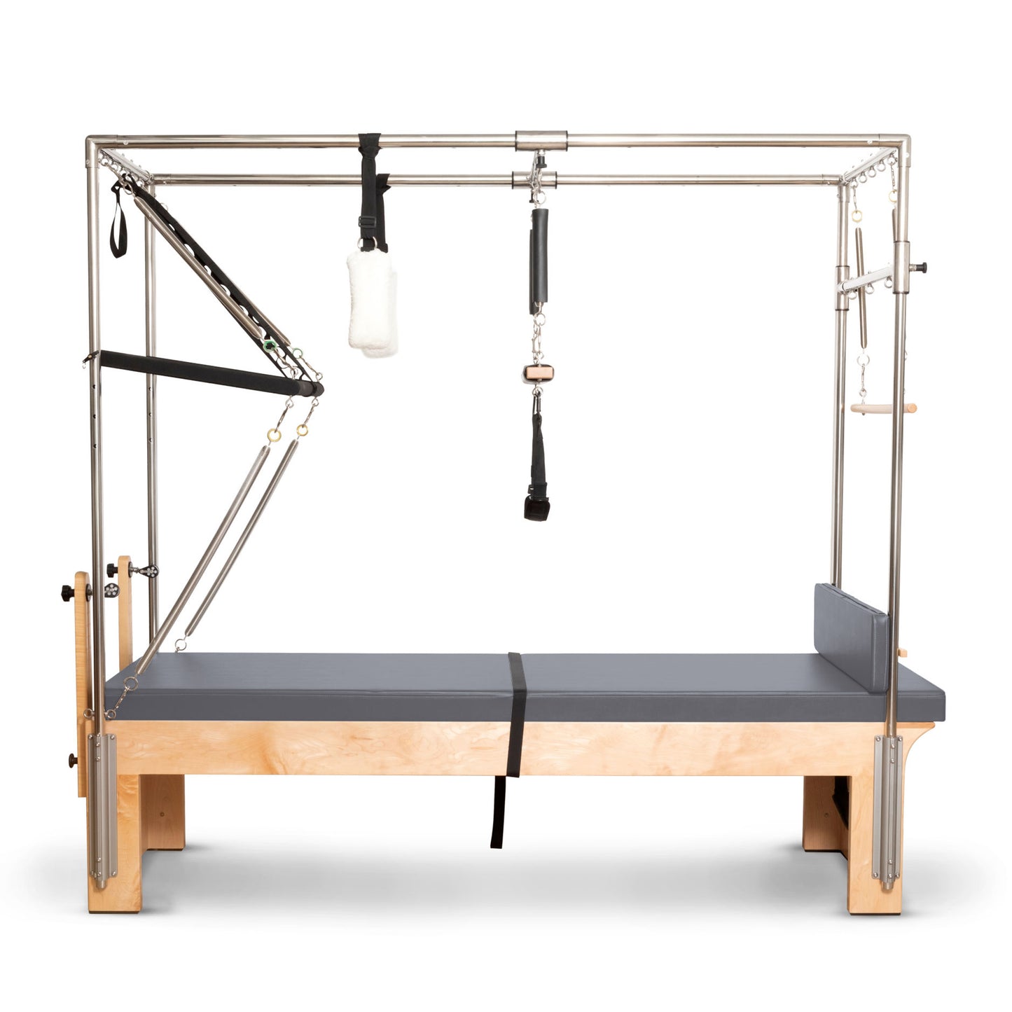 Full view of the Elina Pilates Cadillac Reformer showing complete frame, trapeze, and tower