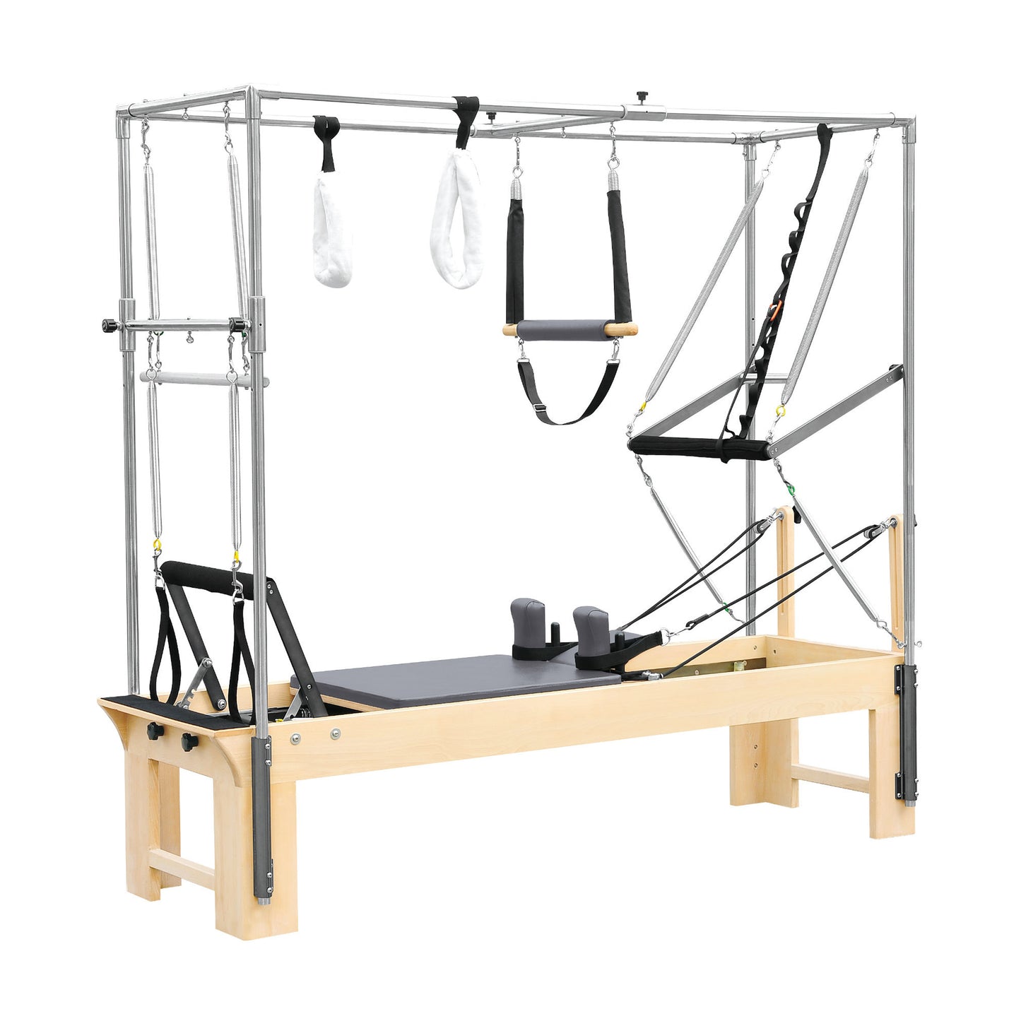 Full view of the Elina Pilates Cadillac Reformer showing complete frame, trapeze, and tower