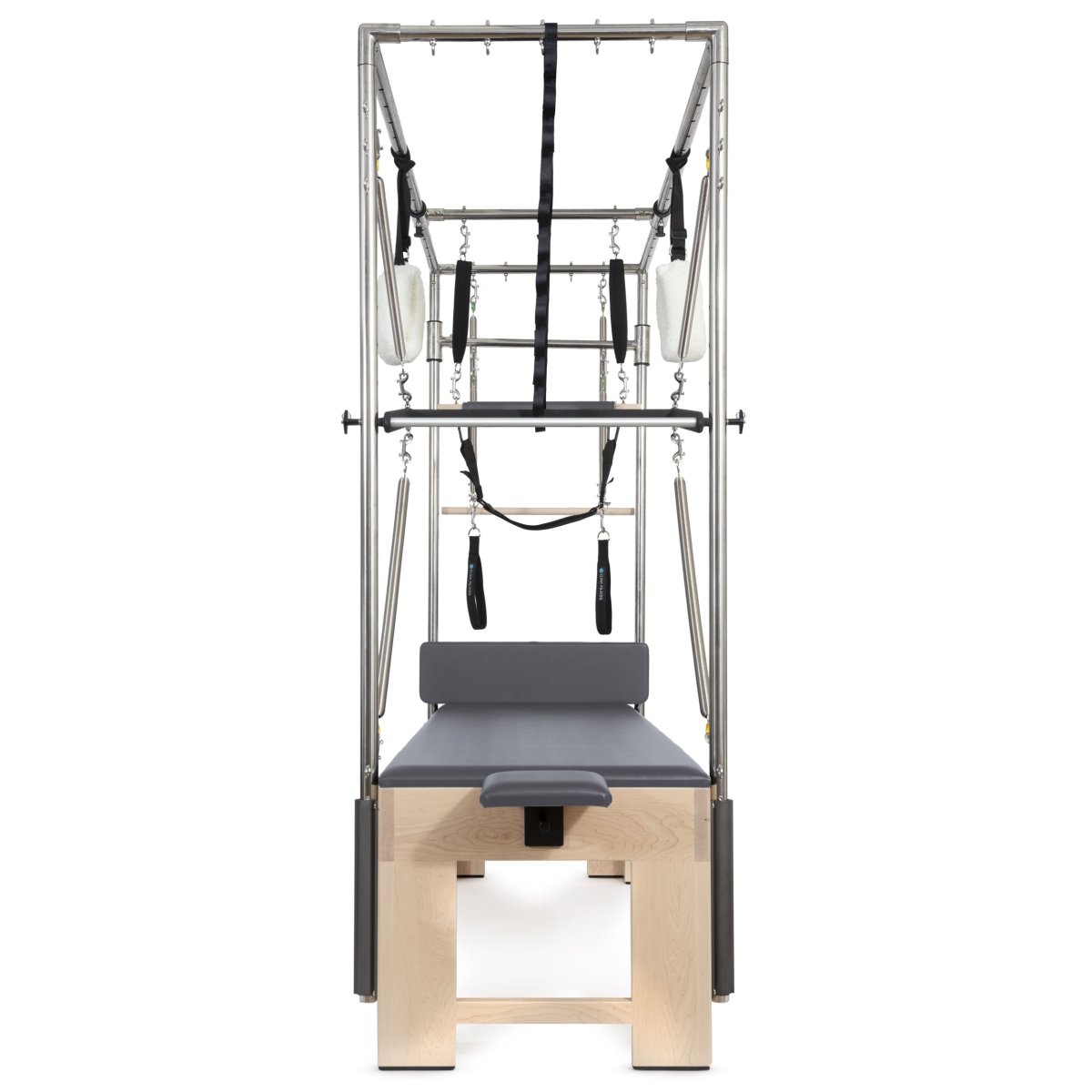 Close-up of trapeze bar and spring attachments on Elina Pilates Cadillac trapeze table