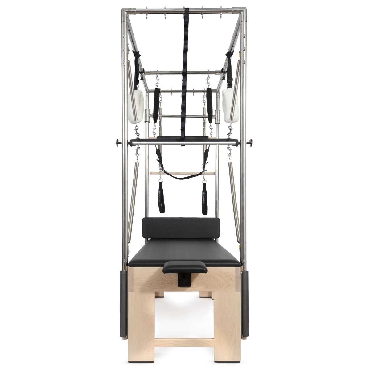 Close-up of trapeze bar and spring attachments on Elina Pilates Cadillac trapeze table