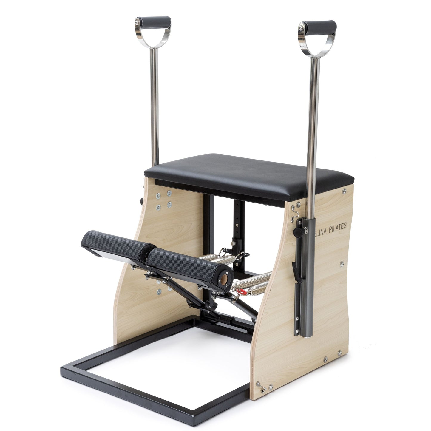 Front view of Elina Pilates Combo Chair with dual pedals and sleek wooden frame