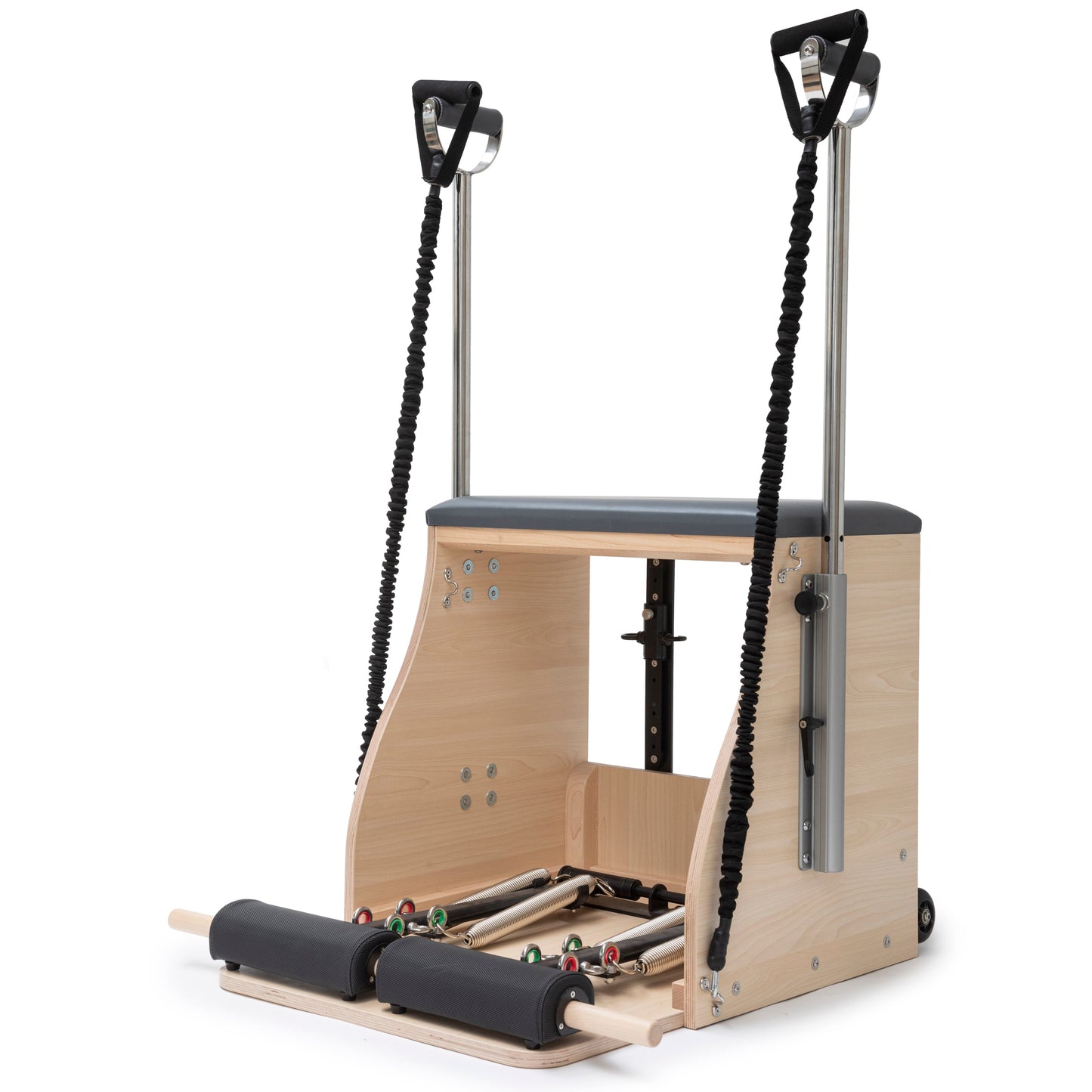 Elina Pilates Elite Wood Combo Chair with handles in side view.