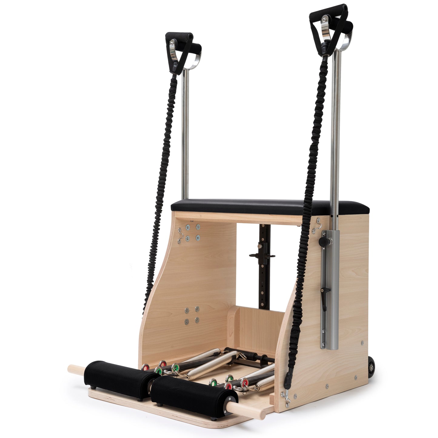 Elina Pilates Elite Wood Combo Chair with handles in side view.