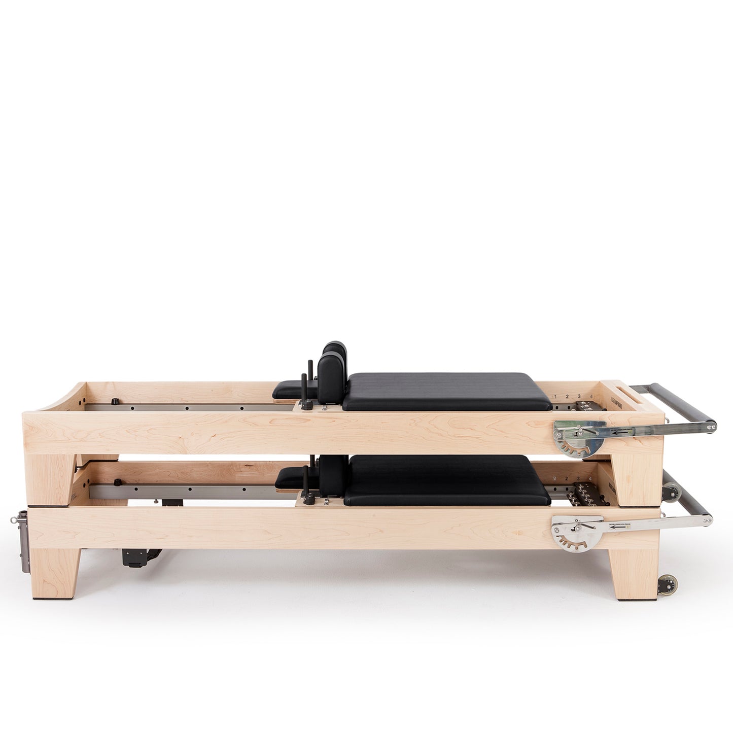 Demonstration of Elite Wood Reformer with Tower in stackable, wheeled configuration for compact storage