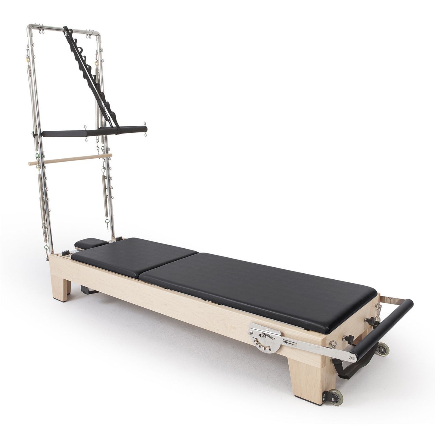 Full view of Elina Pilates Elite Wood Reformer with Tower, black upholstery in studio setting