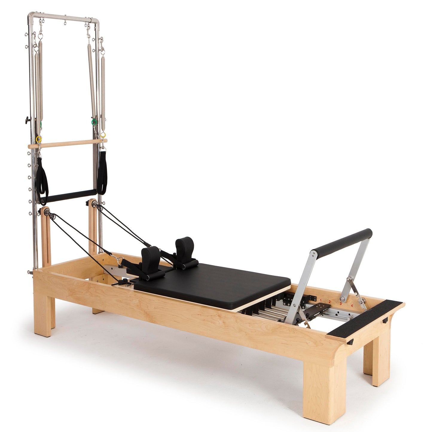 Elina Pilates Wooden Fisio Tower Reformer full view, rock maple finish