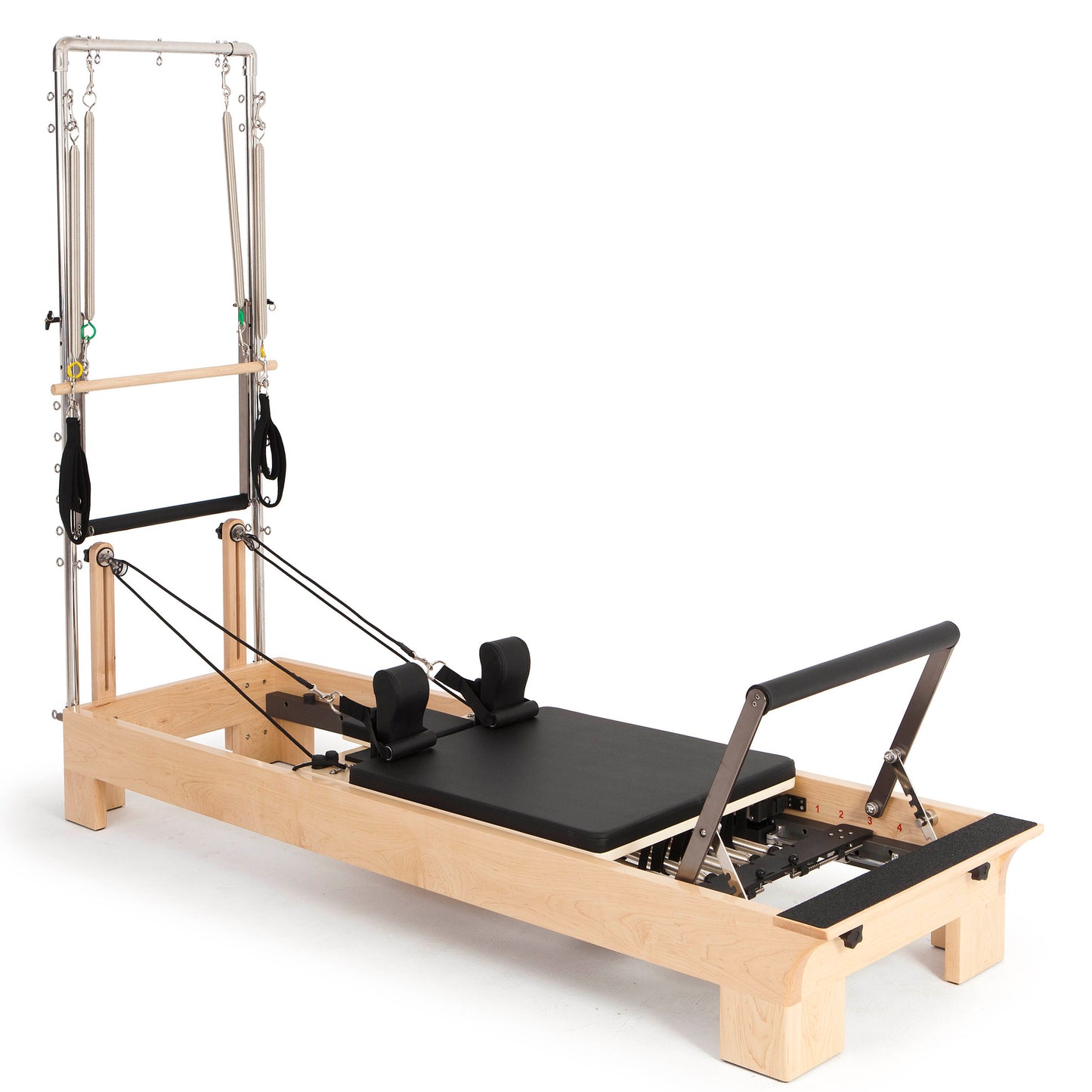 Elina Pilates Wooden Half-Trapeze Tower Reformer full view, rock maple finish