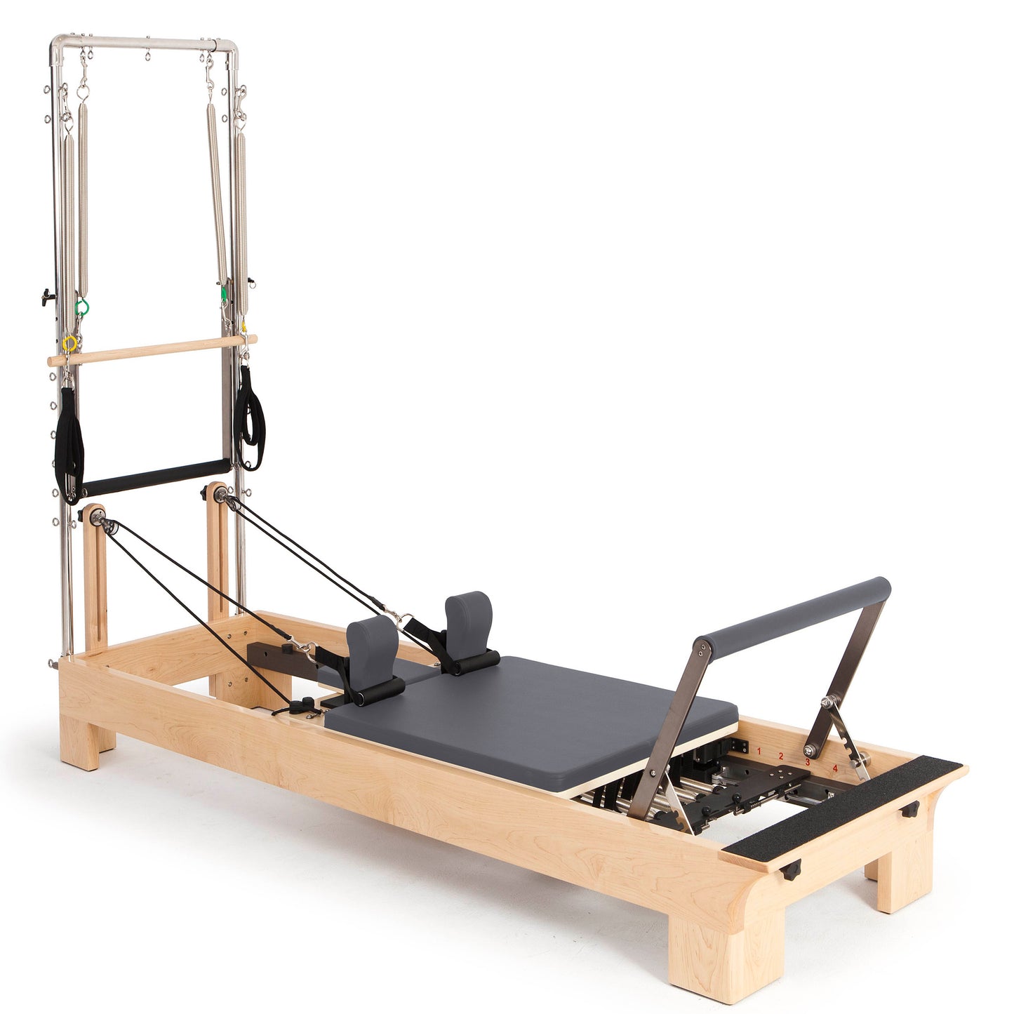 Elina Pilates Wooden Half-Trapeze Tower Reformer full view, rock maple finish