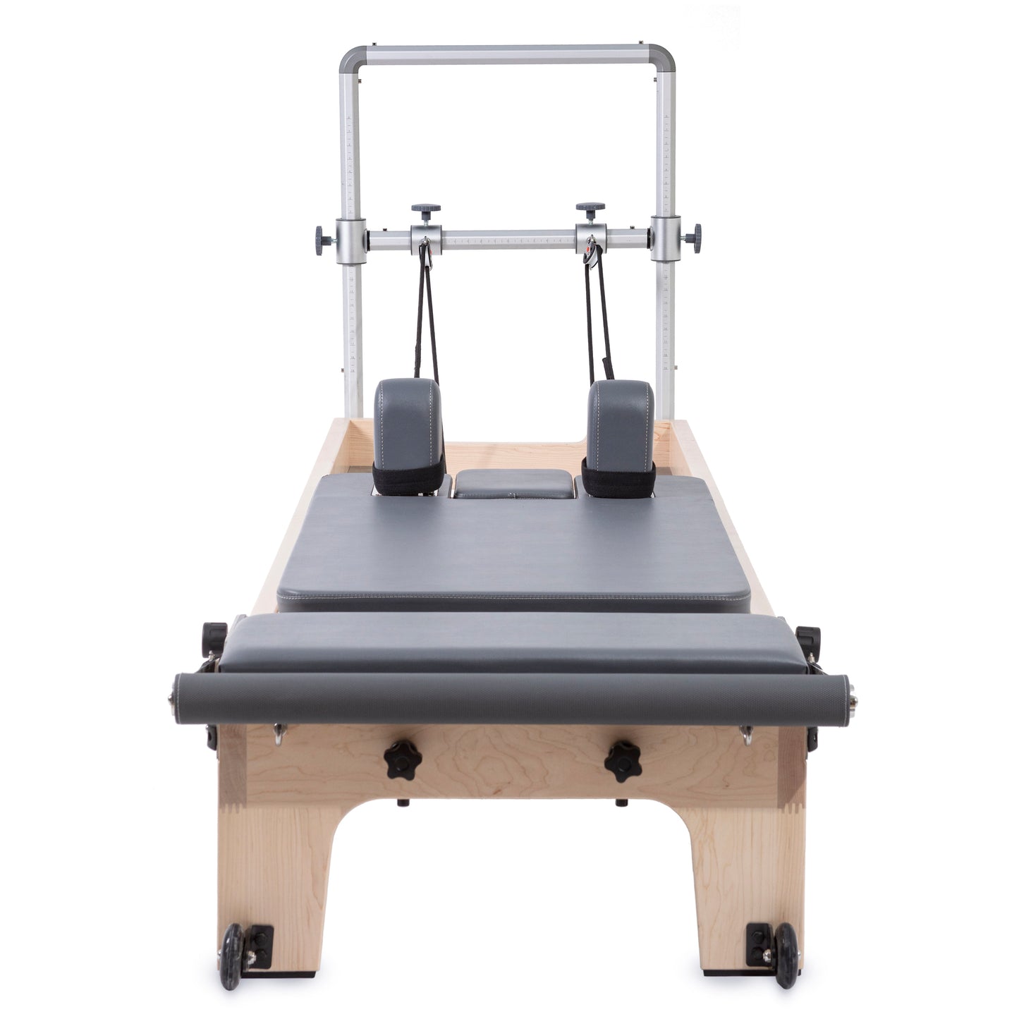 Front view of Elina Pilates Master Instructor™ Reformer with Mini-Tower and maple wood finish