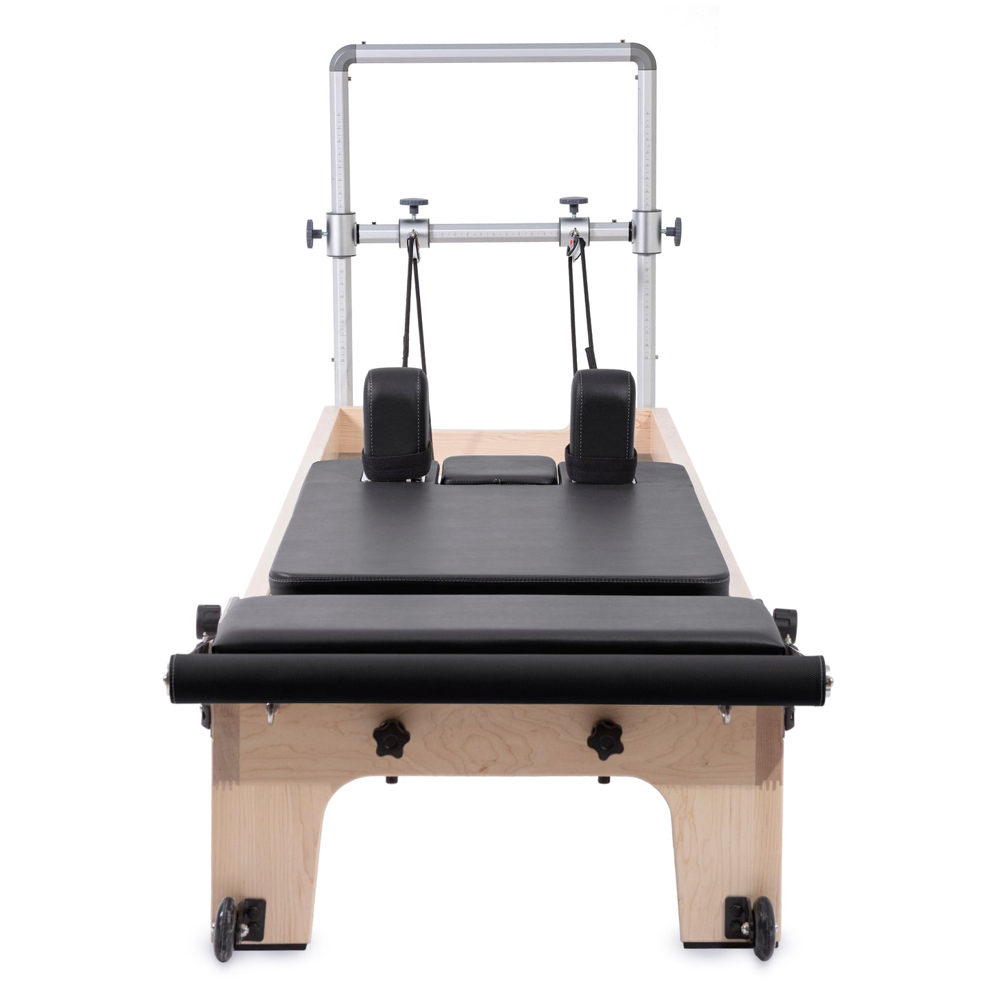 Front view of Elina Pilates Master Instructor™ Reformer with Mini-Tower and maple wood finish