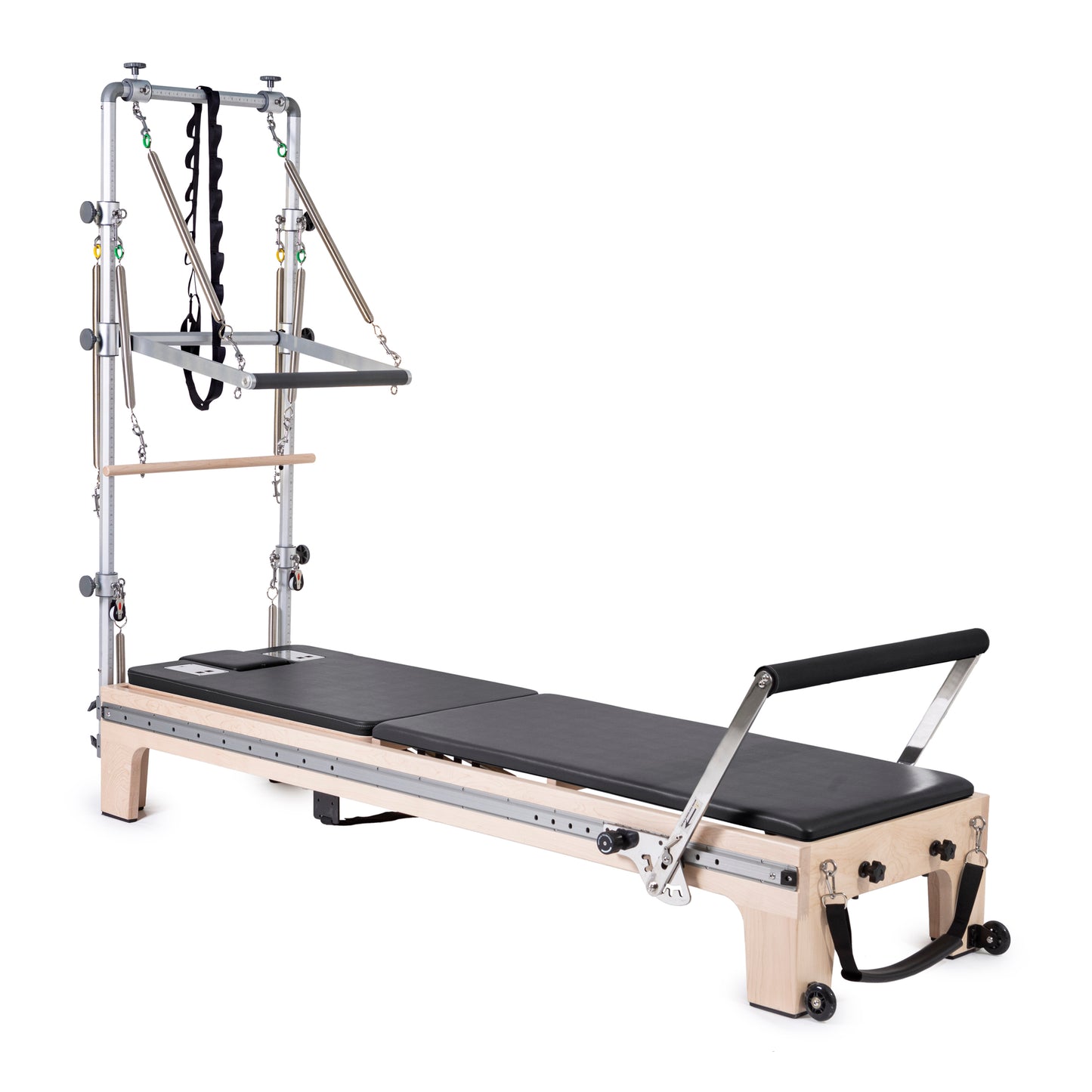 Full view of Elina Pilates Master Instructor™ Reformer with Tower in black upholstery