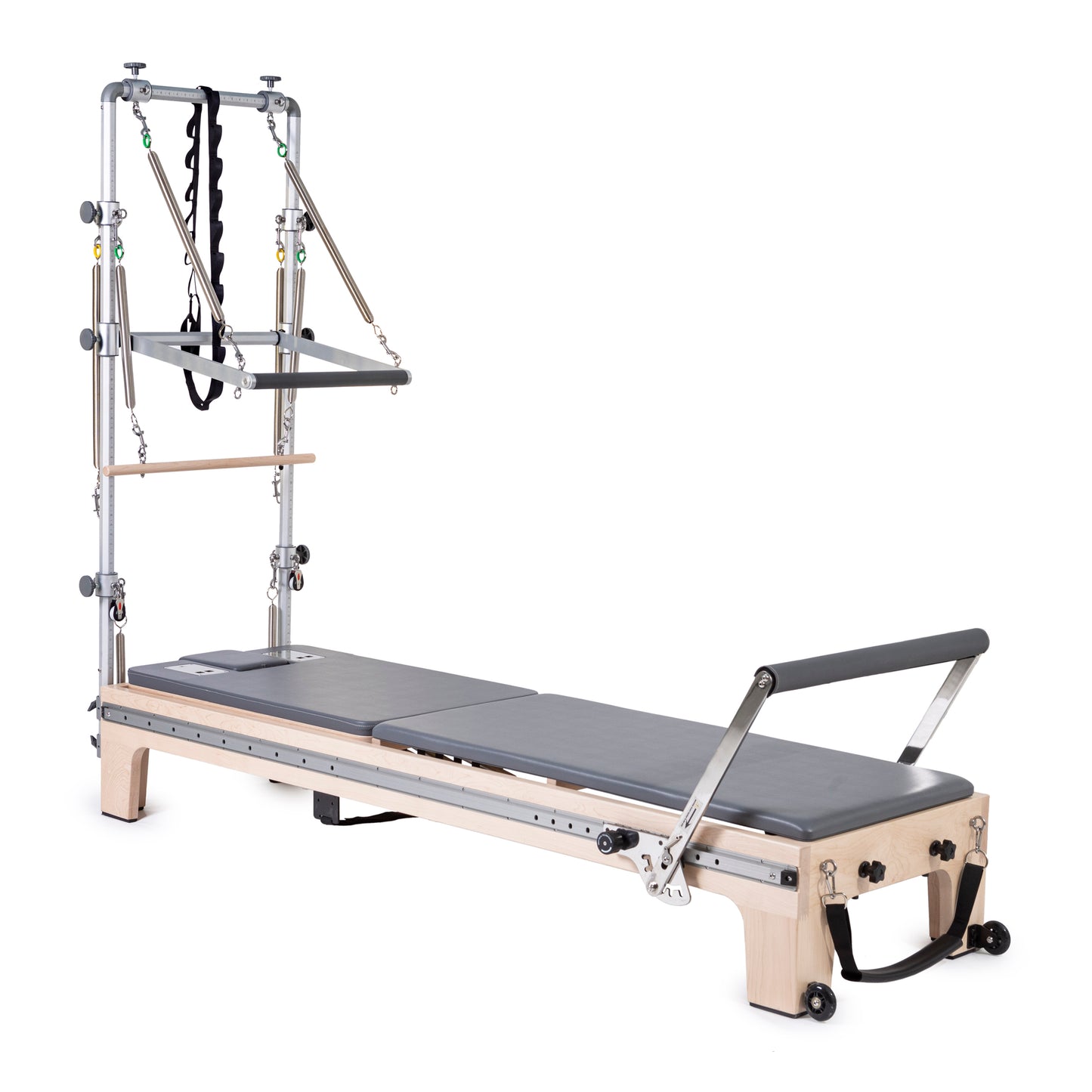 Full view of Elina Pilates Master Instructor™ Reformer with Tower in grey upholstery