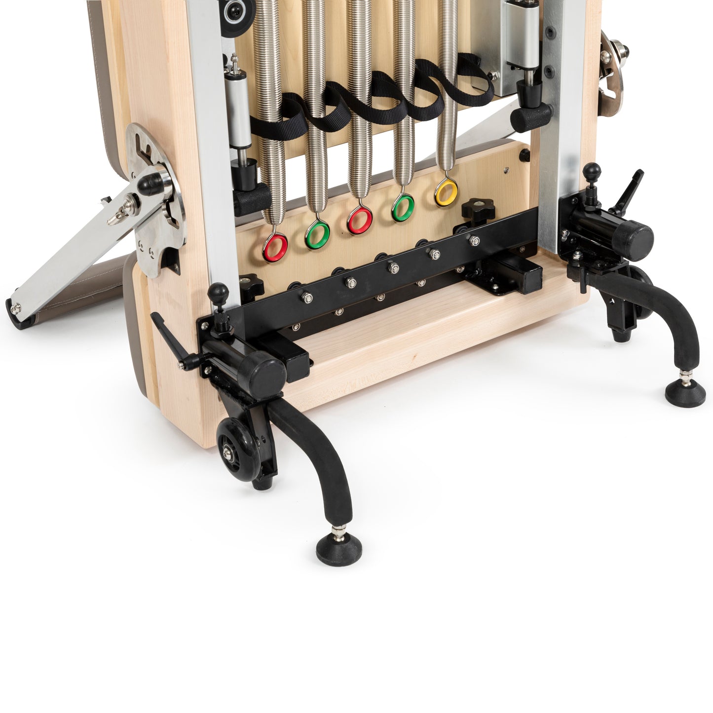 Close-up of American maple wood frame on Elina Pilates Reformer