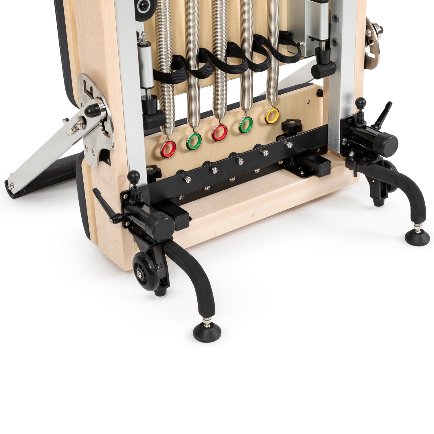 Close-up of American maple wood frame on Elina Pilates Reformer