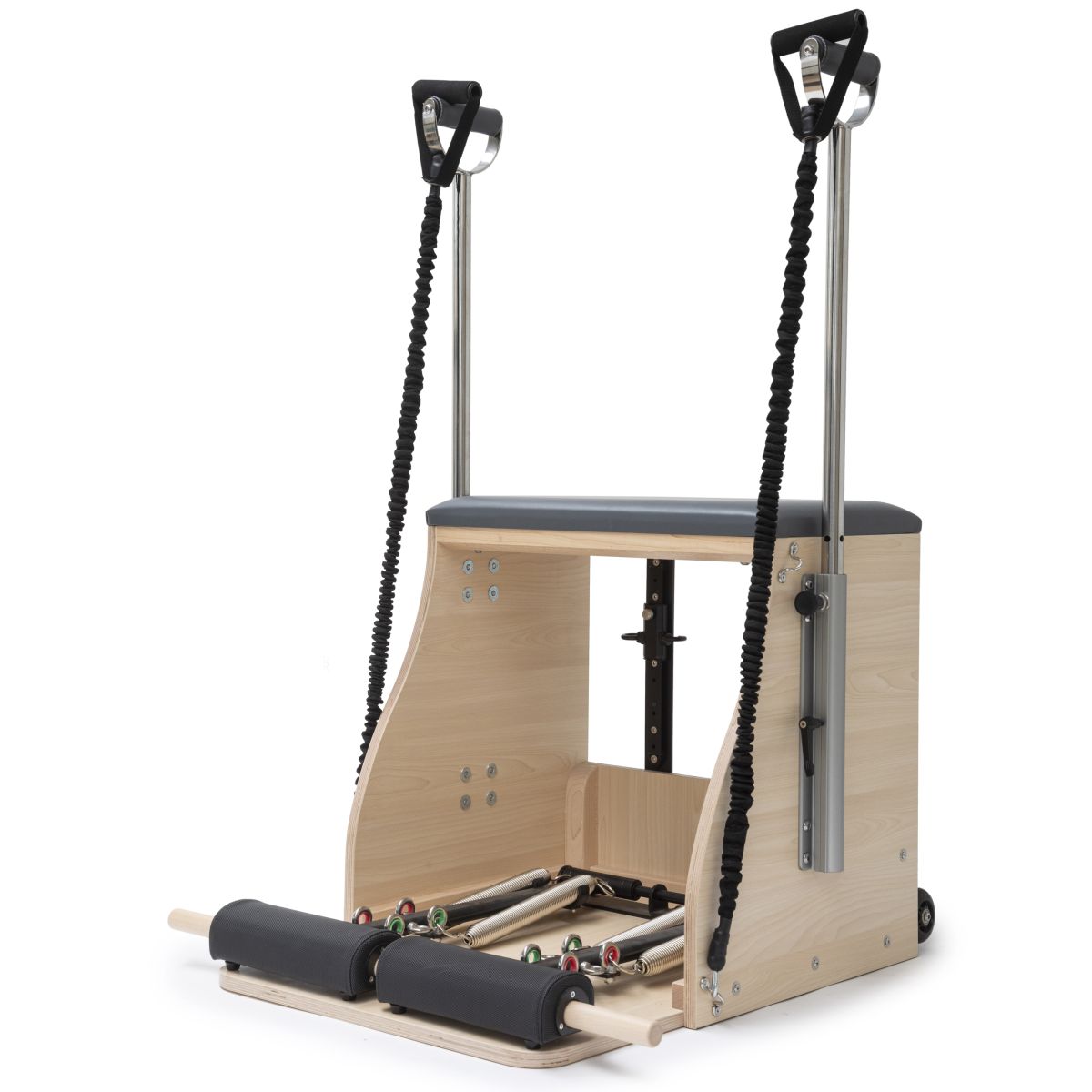 Elina Pilates Wood Combo Chair – front view with handles and dual pedals