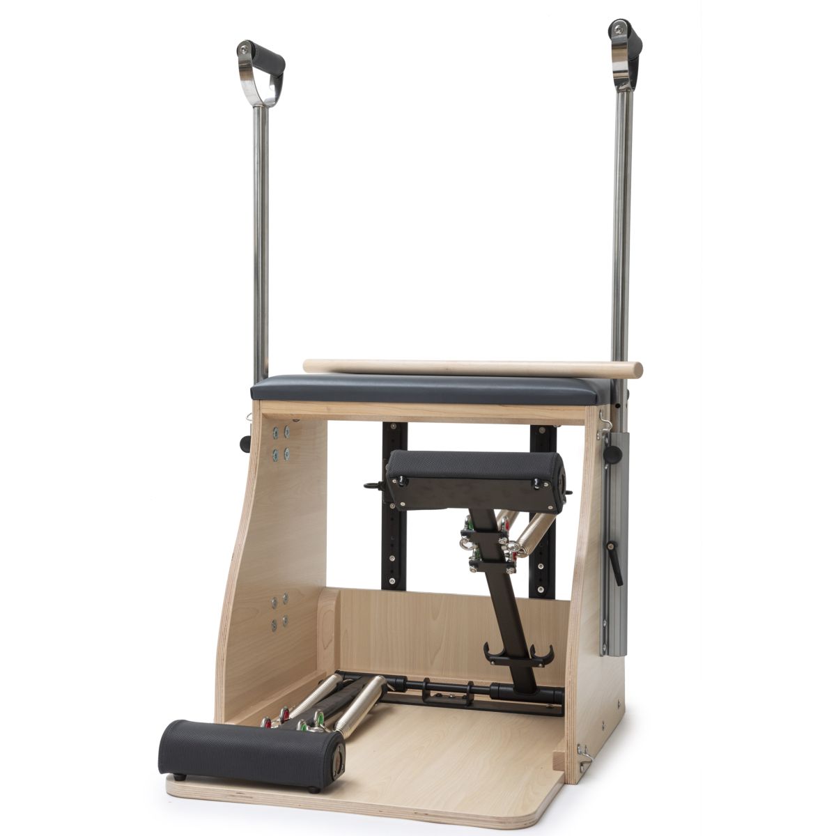 Elina Pilates Wood Combo Chair – front view with handles and dual pedals