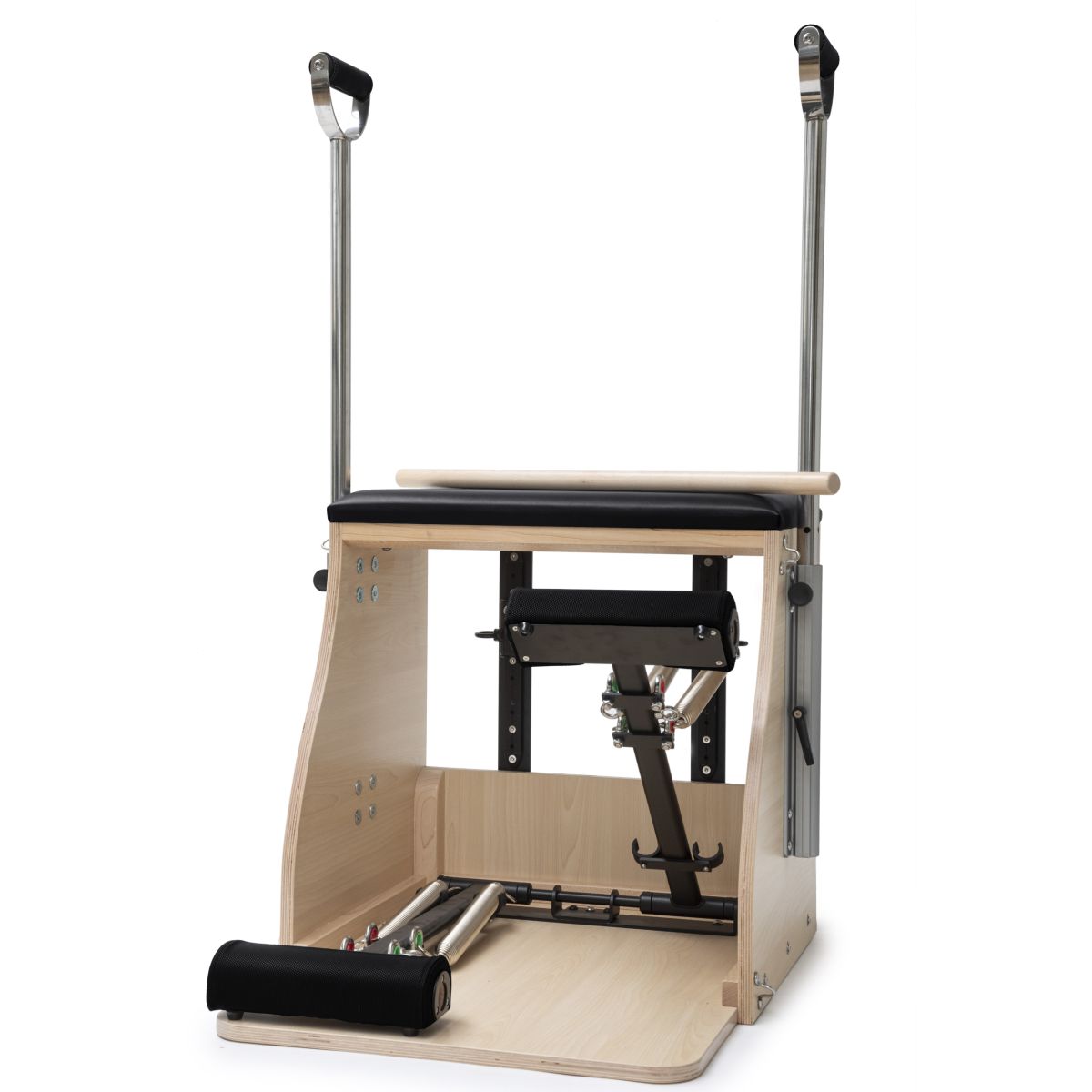 Elina Pilates Wood Combo Chair – front view with handles and dual pedals