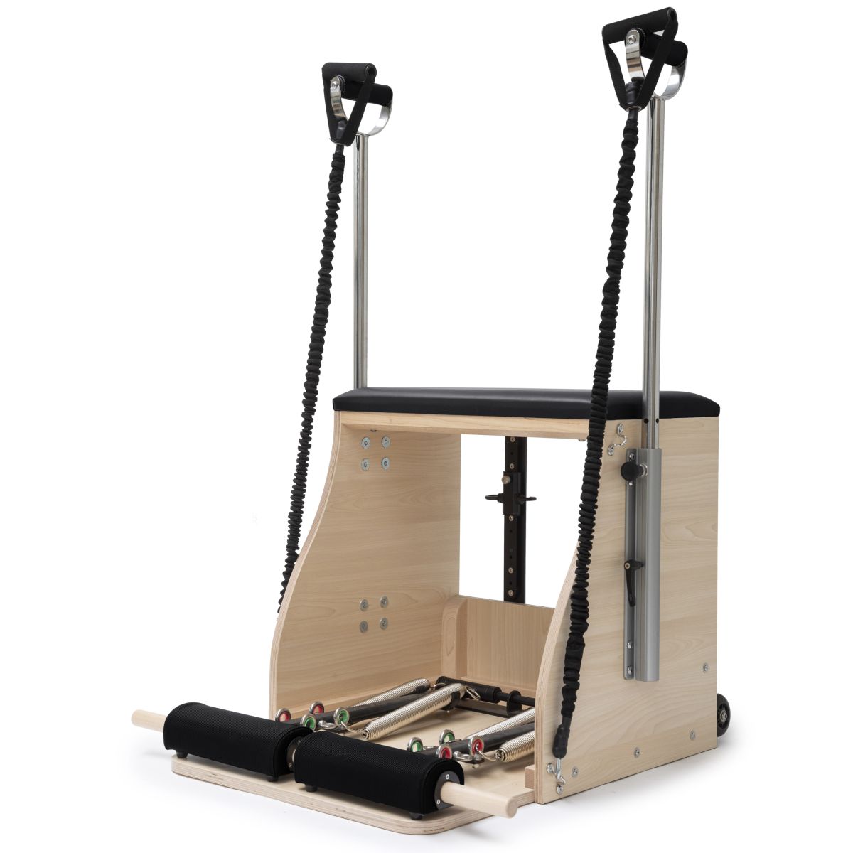 Elina Pilates Wood Combo Chair – front view with handles and dual pedals