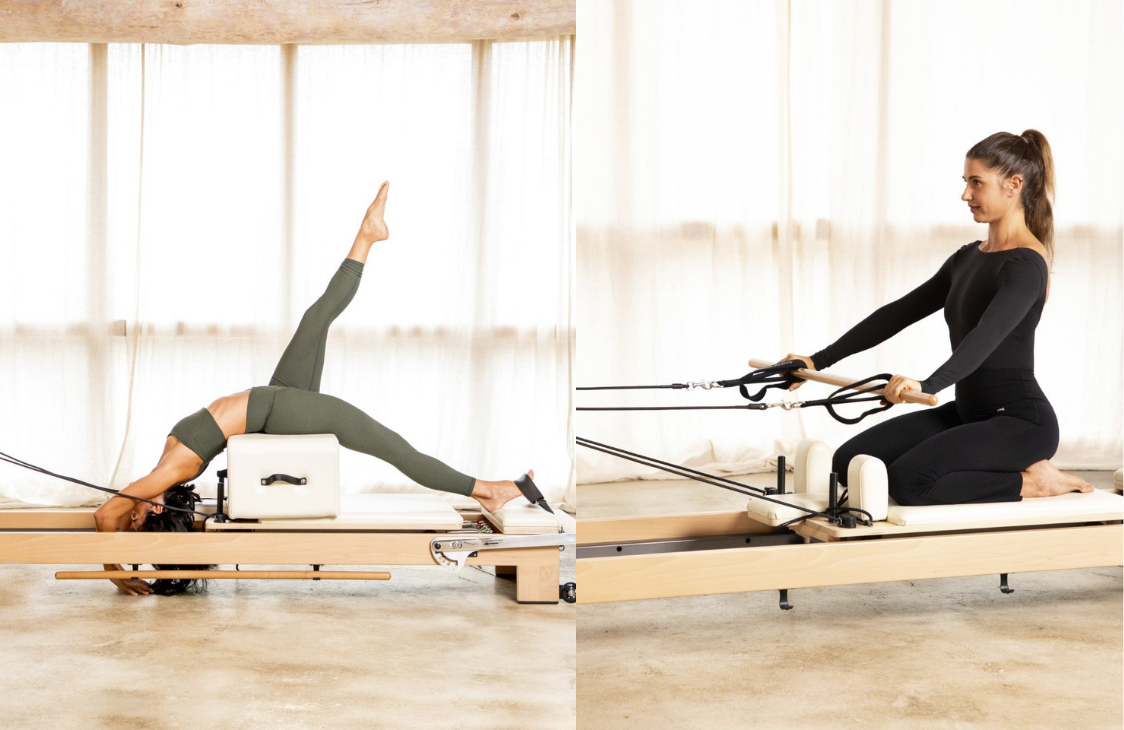 Full-body stretch using the push-through bar on the Elina Pilates Wooden Reformer Lignum with Tower.