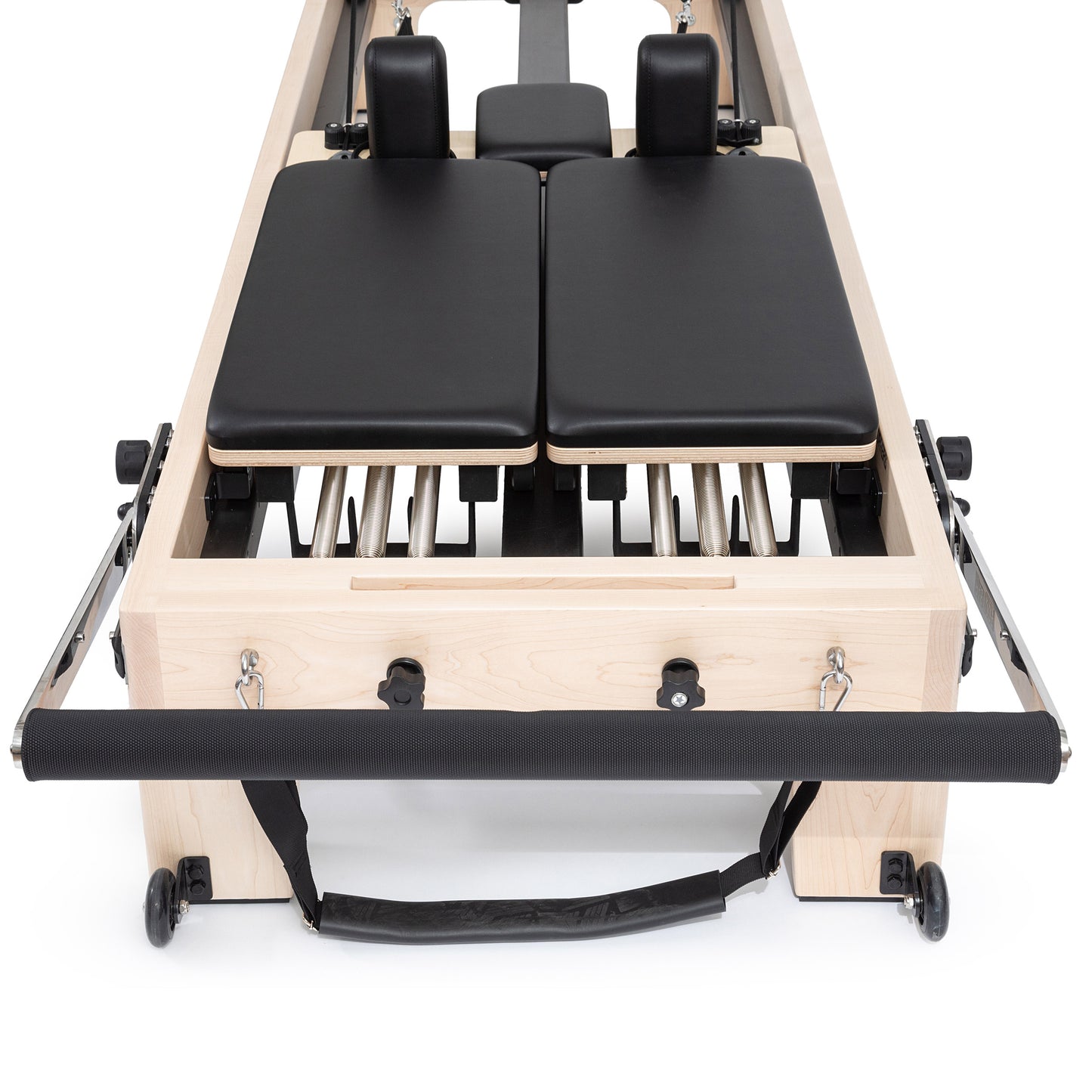 Quick-release footbar on Elina Reformer — shows multiple vertical and horizontal position settings
