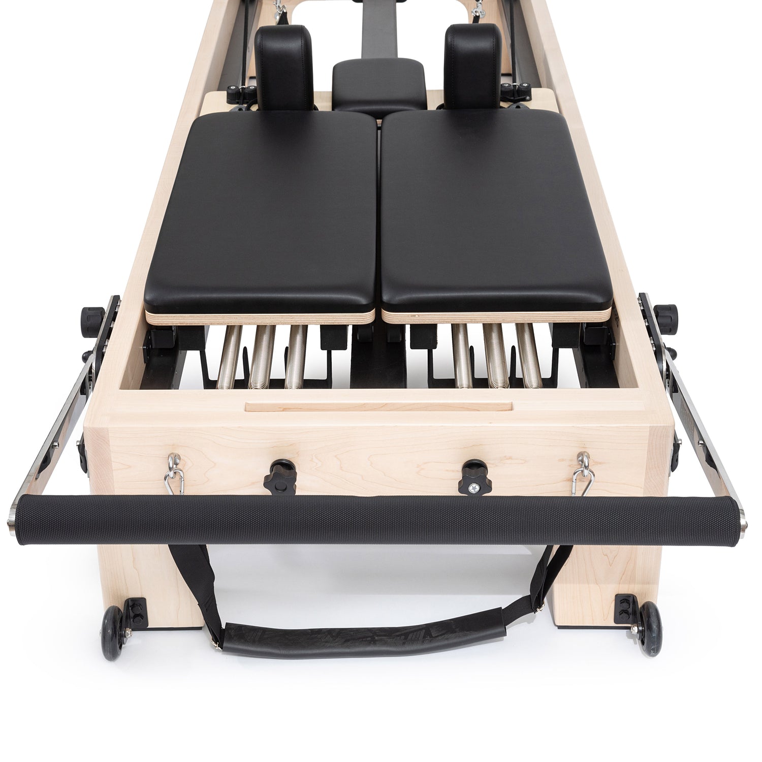 Quick-release footbar on Elina Reformer — shows multiple vertical and horizontal position settings