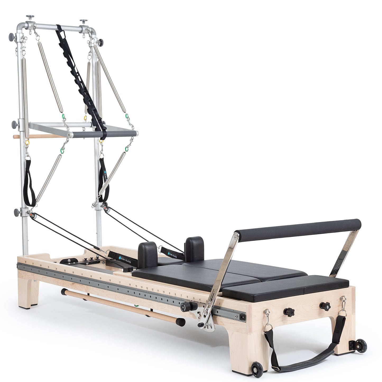 Elina Pilates Twin Reformer with Tower in Black — full front view showing double carriages and tower