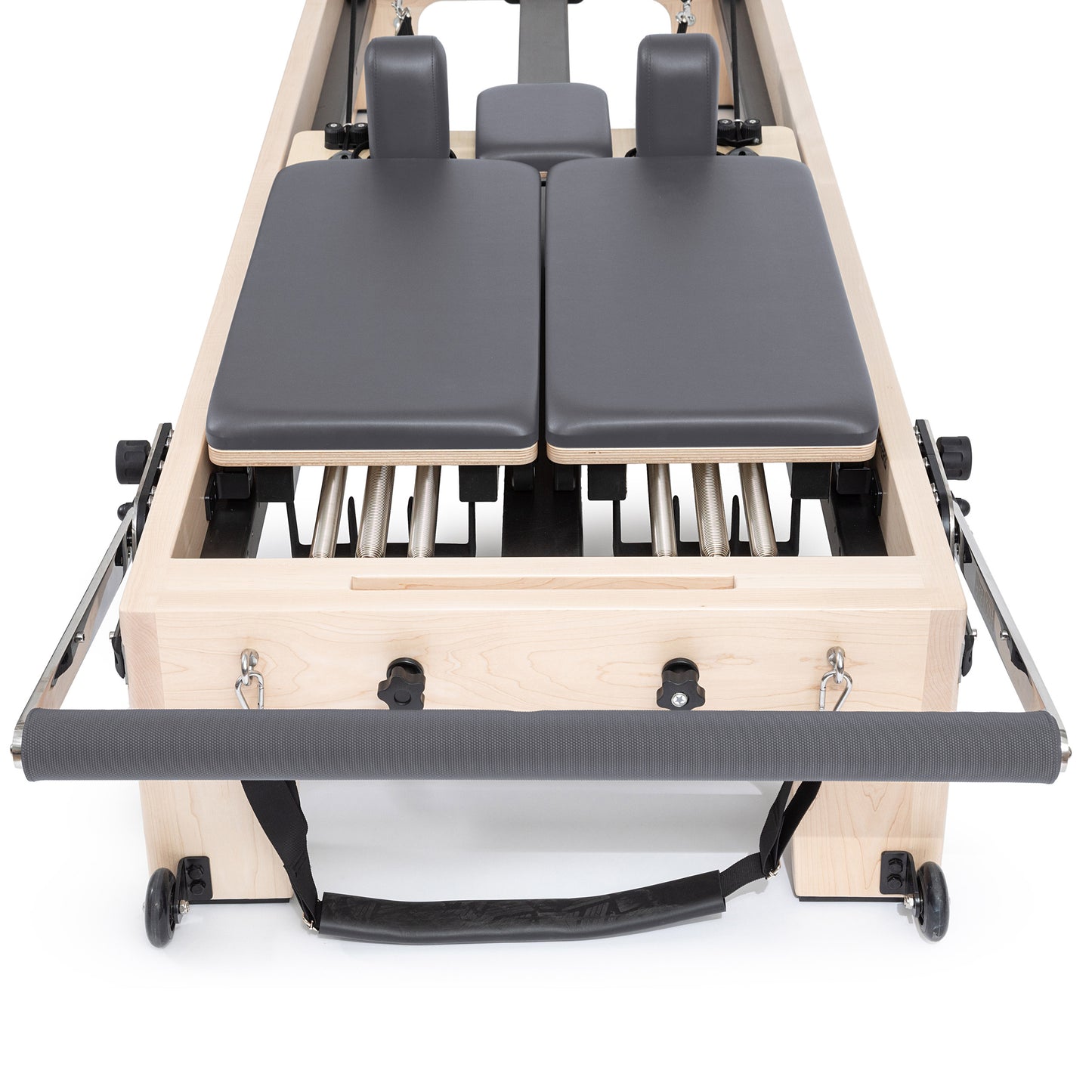Quick-release footbar on Elina Reformer — shows multiple vertical and horizontal position settings