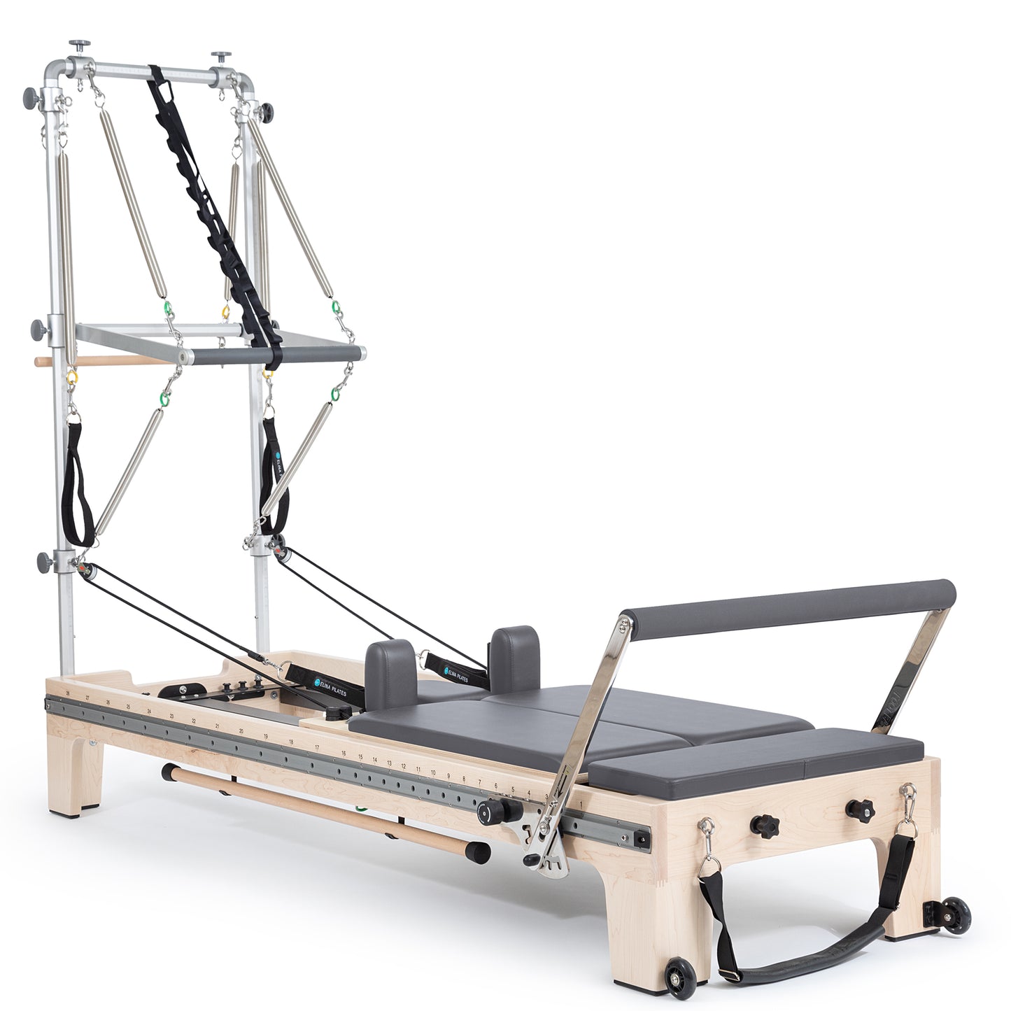 Elina Pilates Twin Reformer with Tower in Grey — full front view showing double carriages and tower